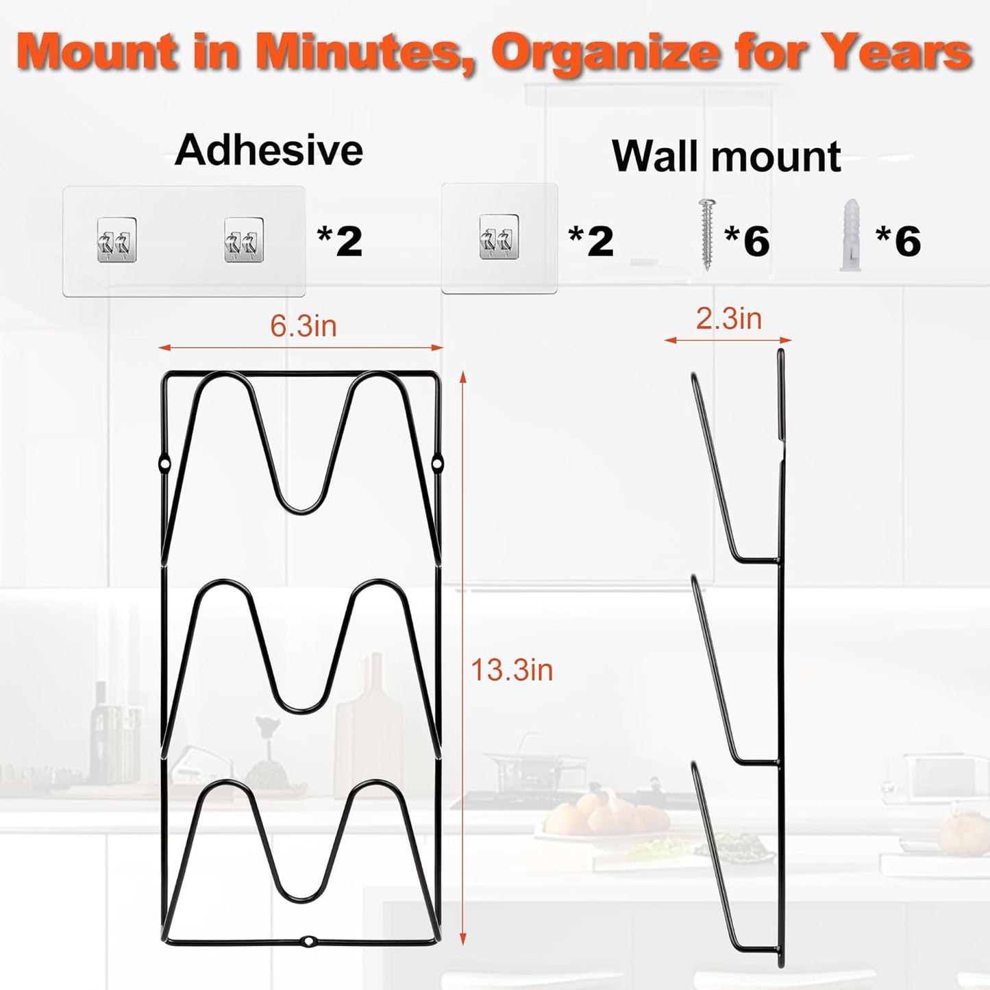 2 Pack Pot Lid Organizer, 6-Tier Pots and Pans Lid Organizer Under Cabinet, No Drilling, Rustproof