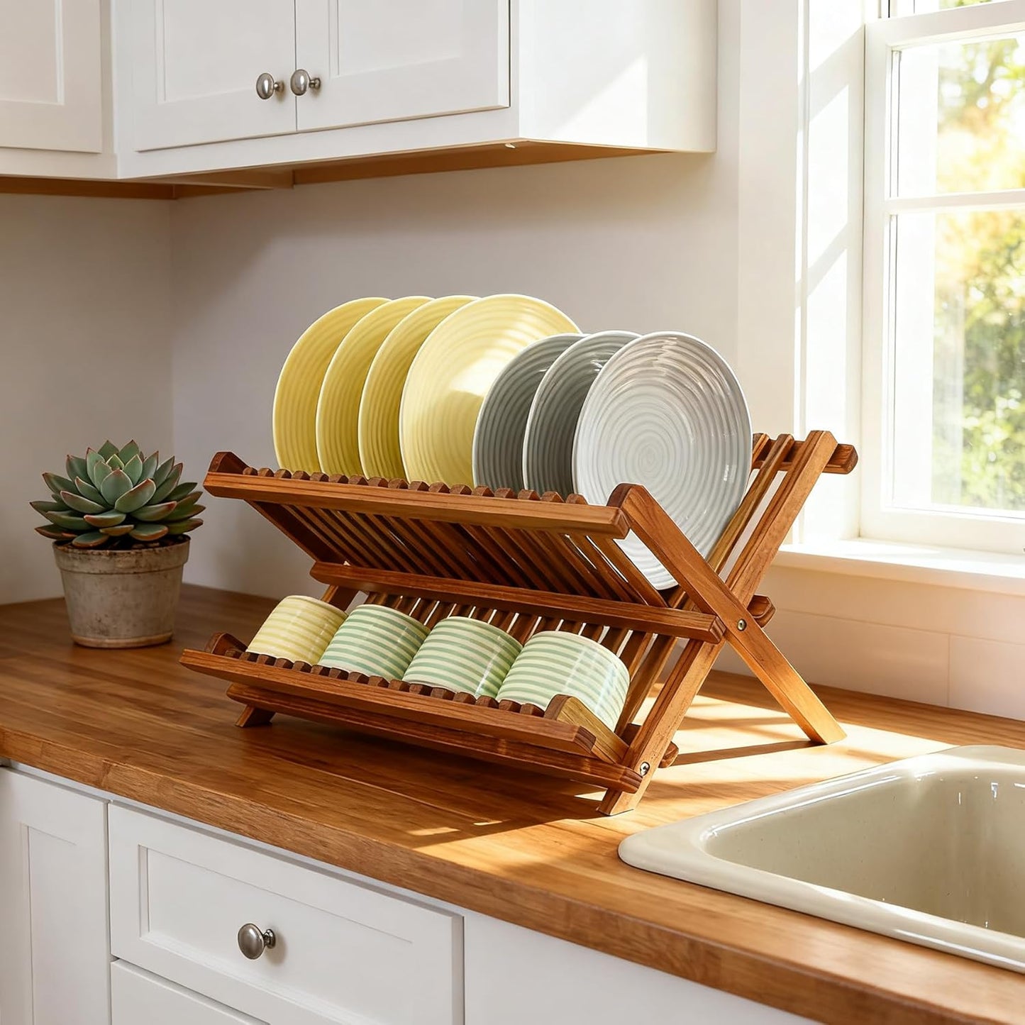Teak Dish Drainer Rack Collapsible 2 Tier Dish Rack Dish Drying Rack Foldable Plate Organizer Holder for Kitchen Compact Countertop
