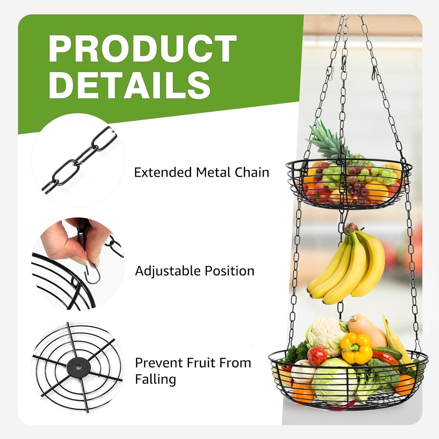 3 Tier Hanging Fruit Basket with Banana Hook
