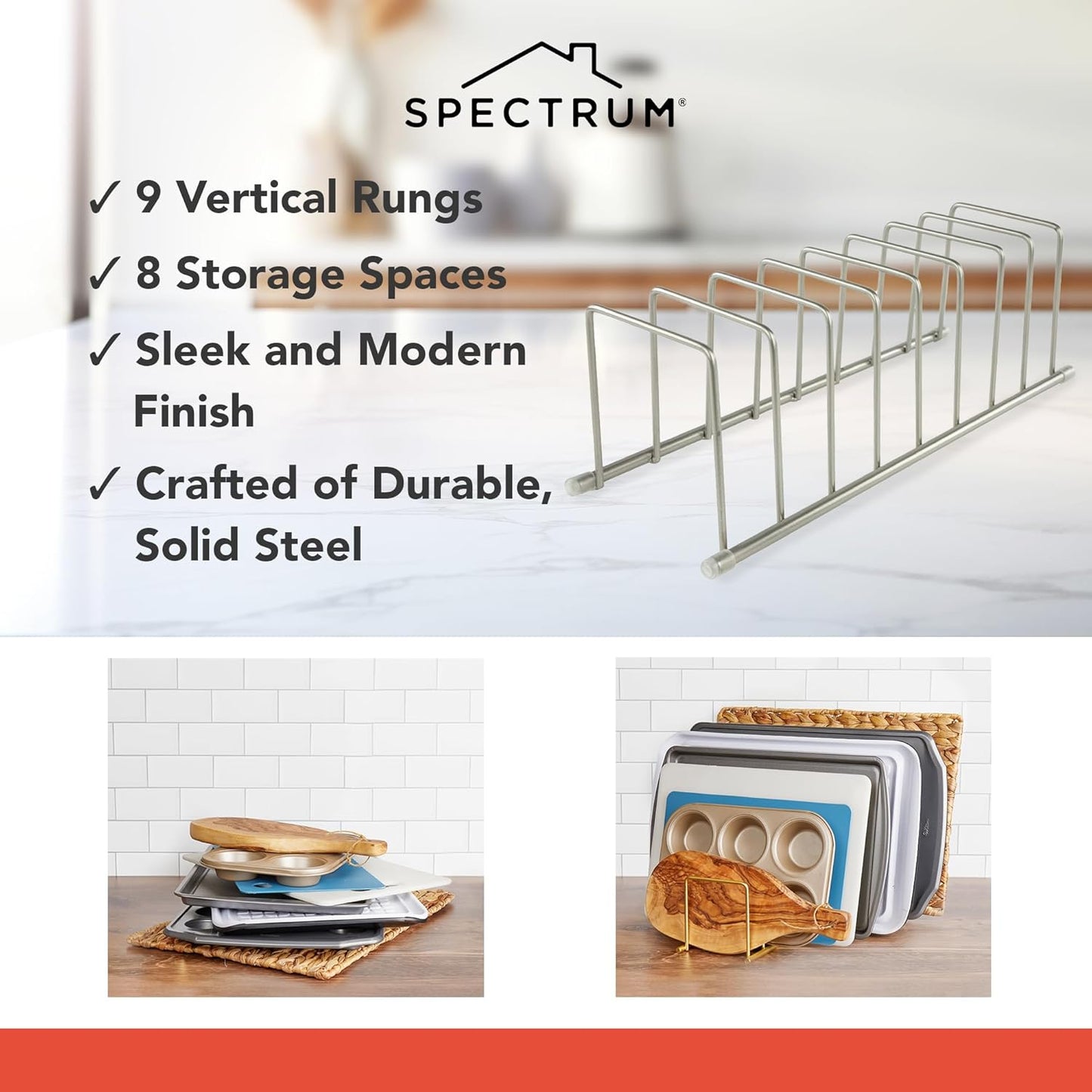 Euro Kitchen Organizer Metal Dish Rack Cutting Board Holder Stand for Countertop or Inside Cabinet Organization, 8 Slot Cutting Board Plate Drying Rack for Bakeware Storage, Satin Nickel