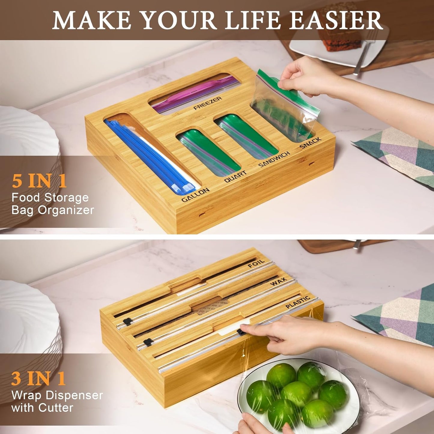 9 IN 1 Bamboo Foil and Plastic Wrap Organizer for Kitchen Drawer
