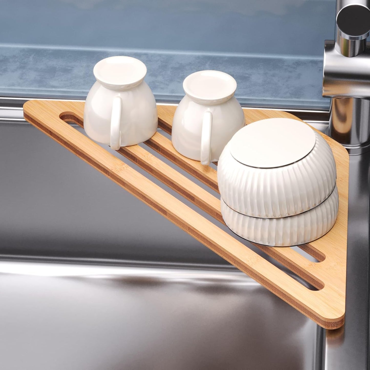 Dish Drying Rack for Sink Corner,Over The Sink Bamboo Dish Drainer Drying Rack,Dish Drainer Mat for Kitchen,Sink Accessories(Natural)