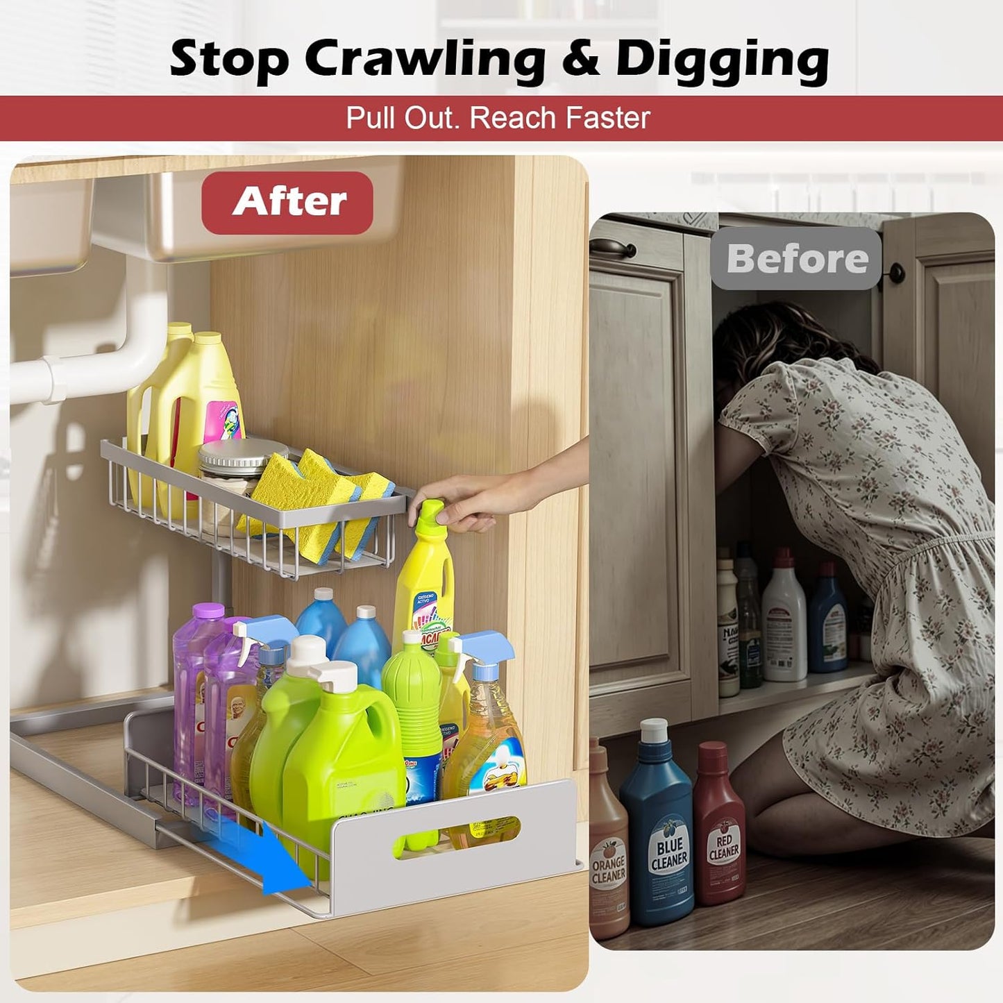 Under Sink Organizer, Pull Out Cabinet Organizer 2 Tier Slide Out Sink Shelf Cabinet Storage Shelves, Storage for Kitchen Bathroom, Grey, 2 Pack