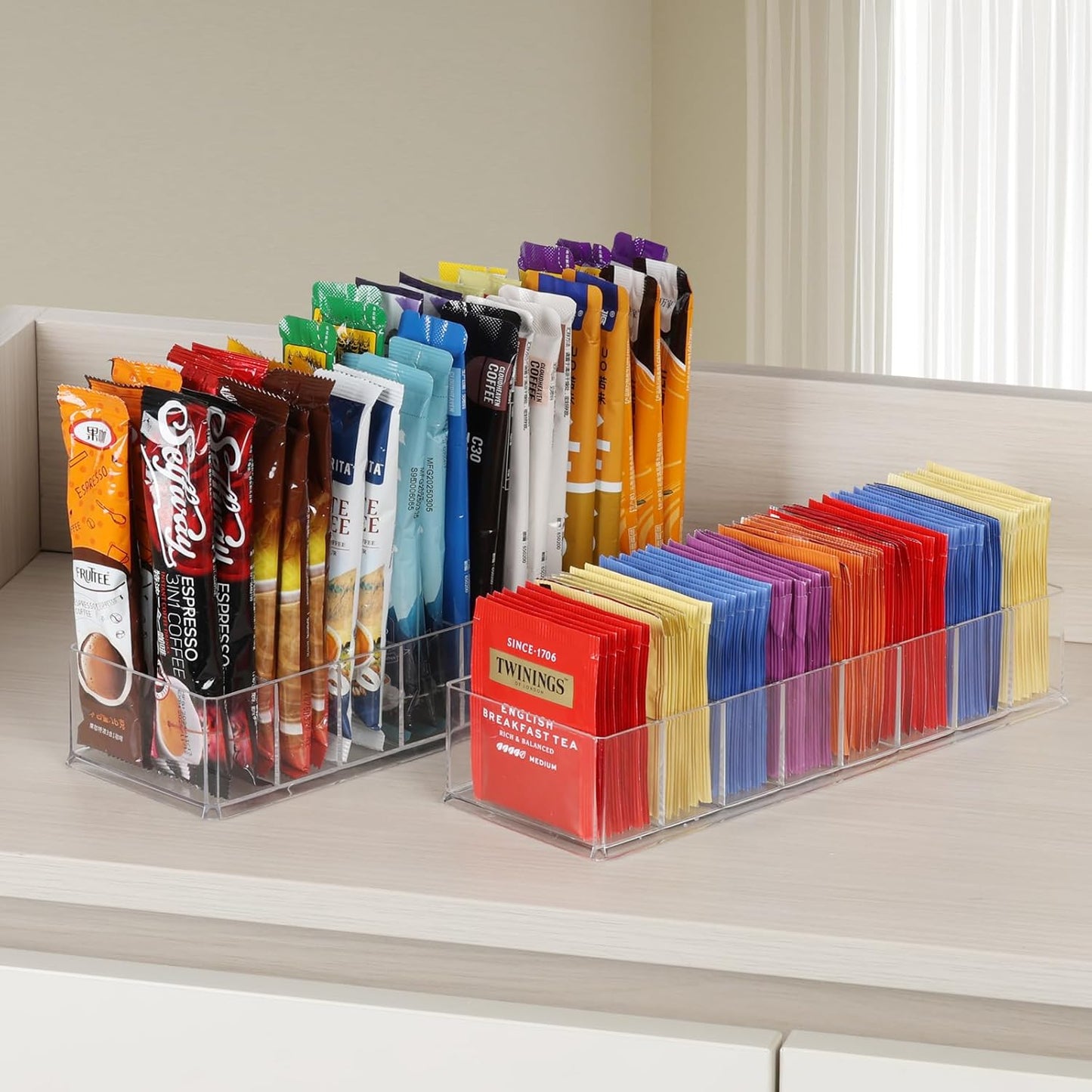 6 Pack Tea Bag Organizer, Clear Plastic Tea Bag Holder with Adhesive Non-Slip Pads