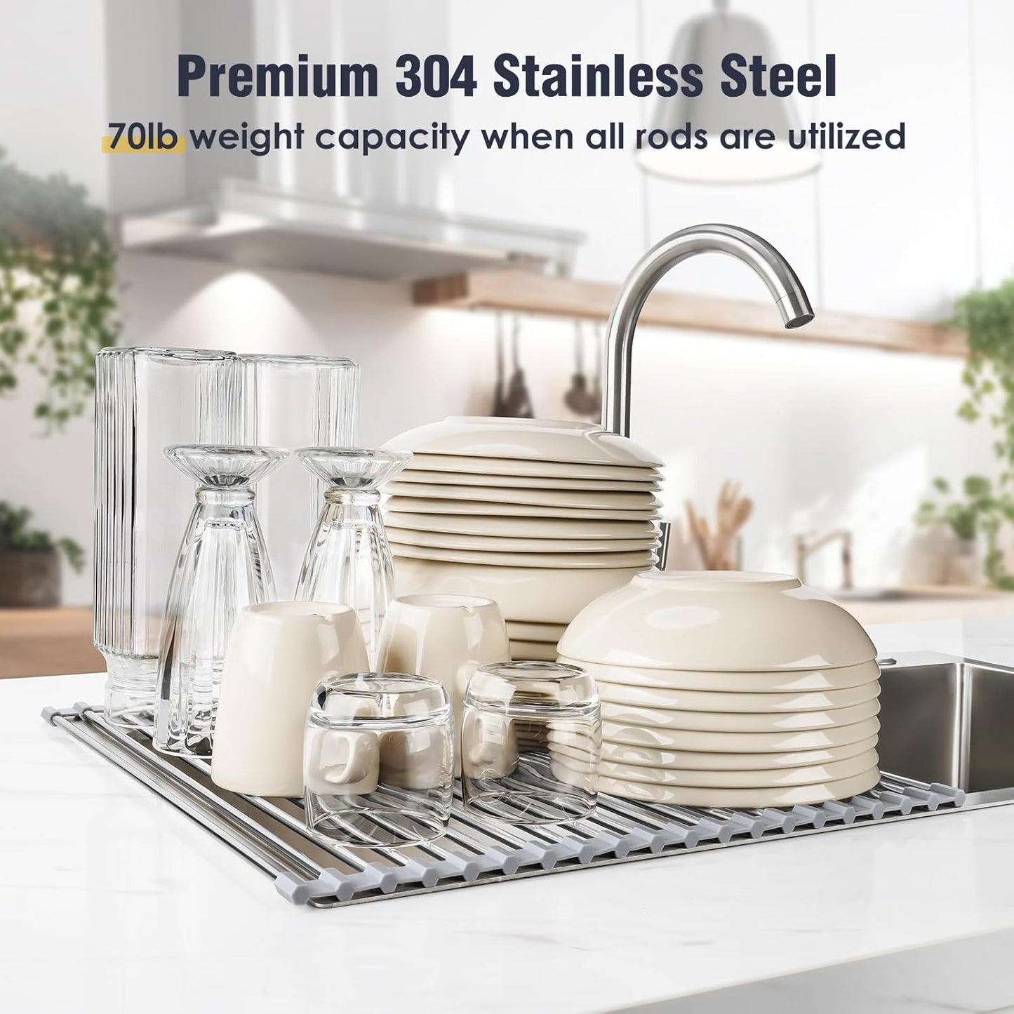 17.7" x 15.5" Roll Up Dish Drying Rack Over Sink Drying Rack Sink Cover Kitchen Sink Accessories Gadget Multipurpose Organizer Foldable Stainless Steel Drainer (Grey)