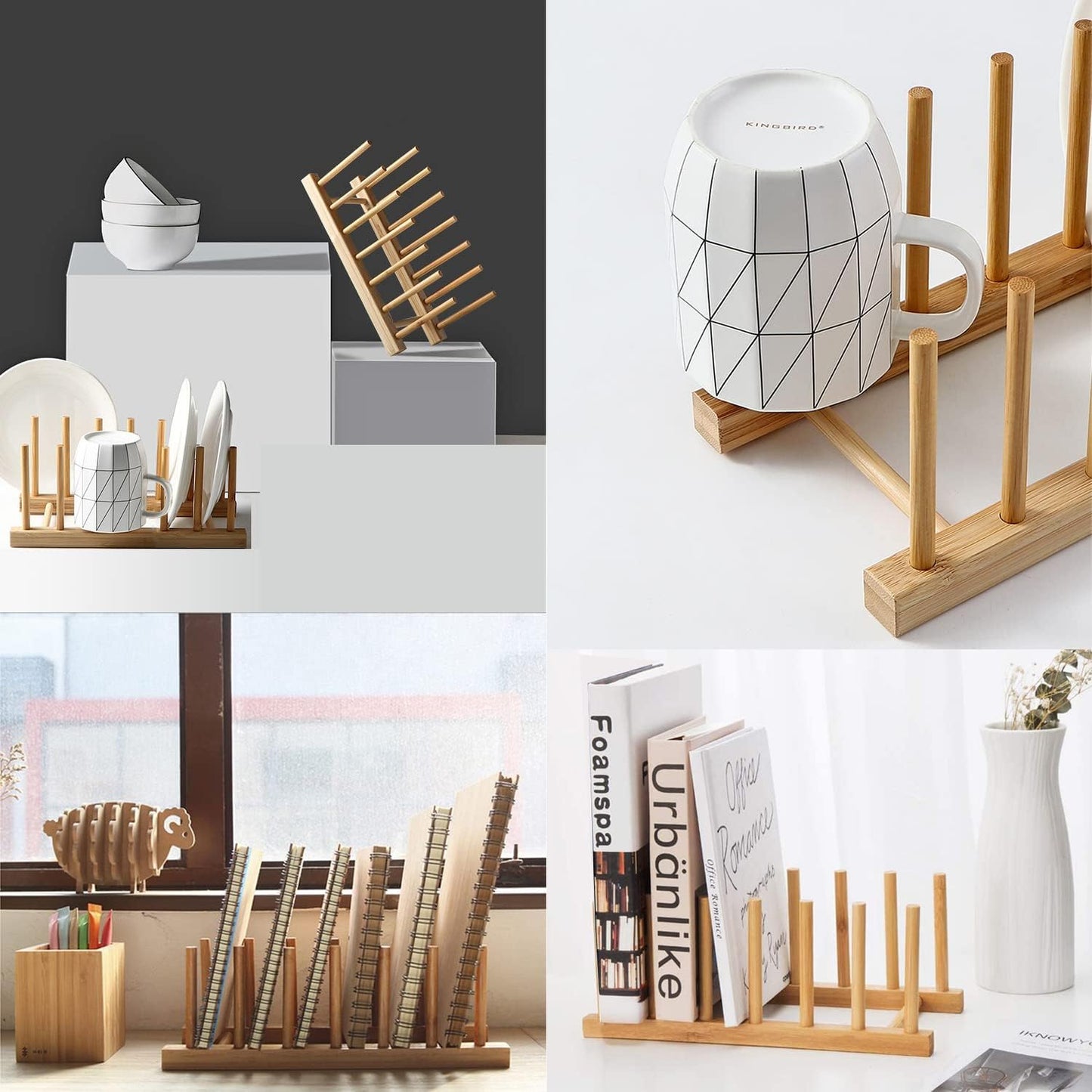 Bamboo Wooden Plate Racks Dish Stand Holder Kitchen Storage Cabinet Organizer for Dish/Plate/Bowl/Cup/Pot Lid/Cutting Board (Pack of 2)