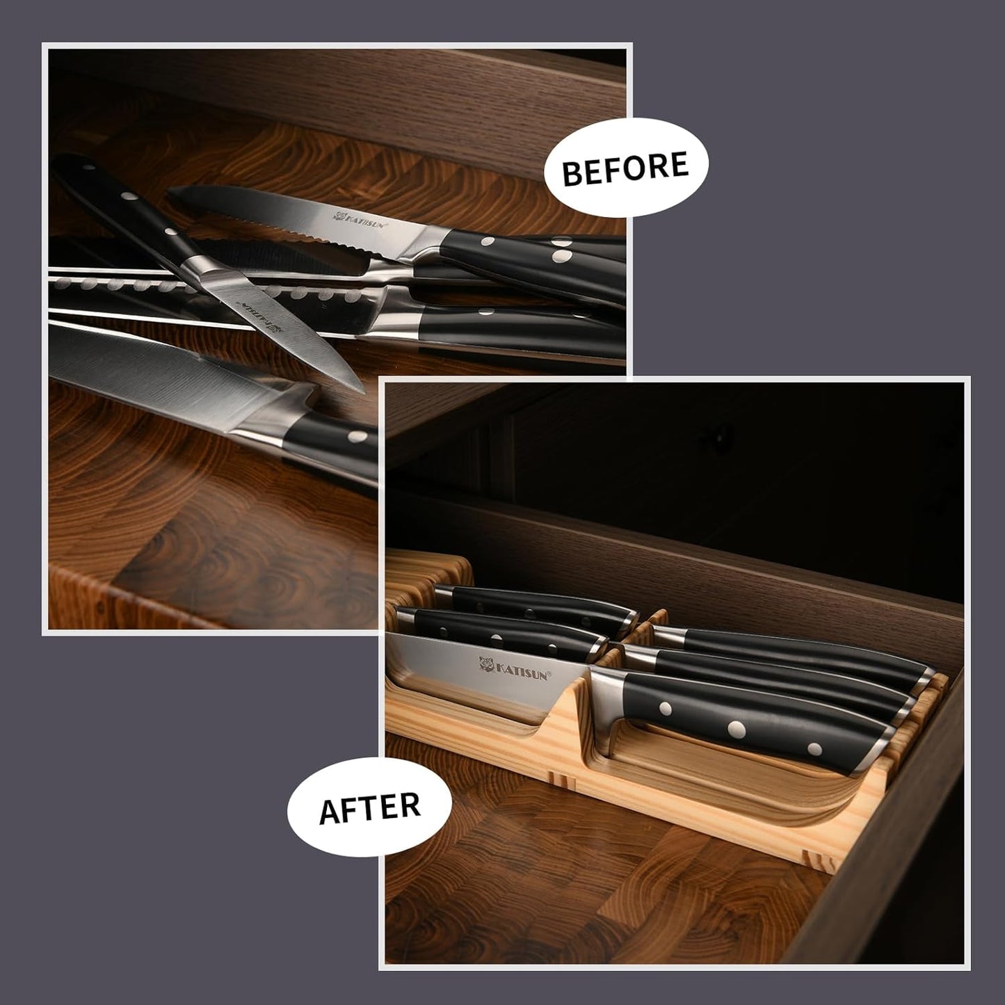 In-Drawer Knife Block with 5 Pieces Knives, Bamboo Knife Drawer Organizer for Kitchen