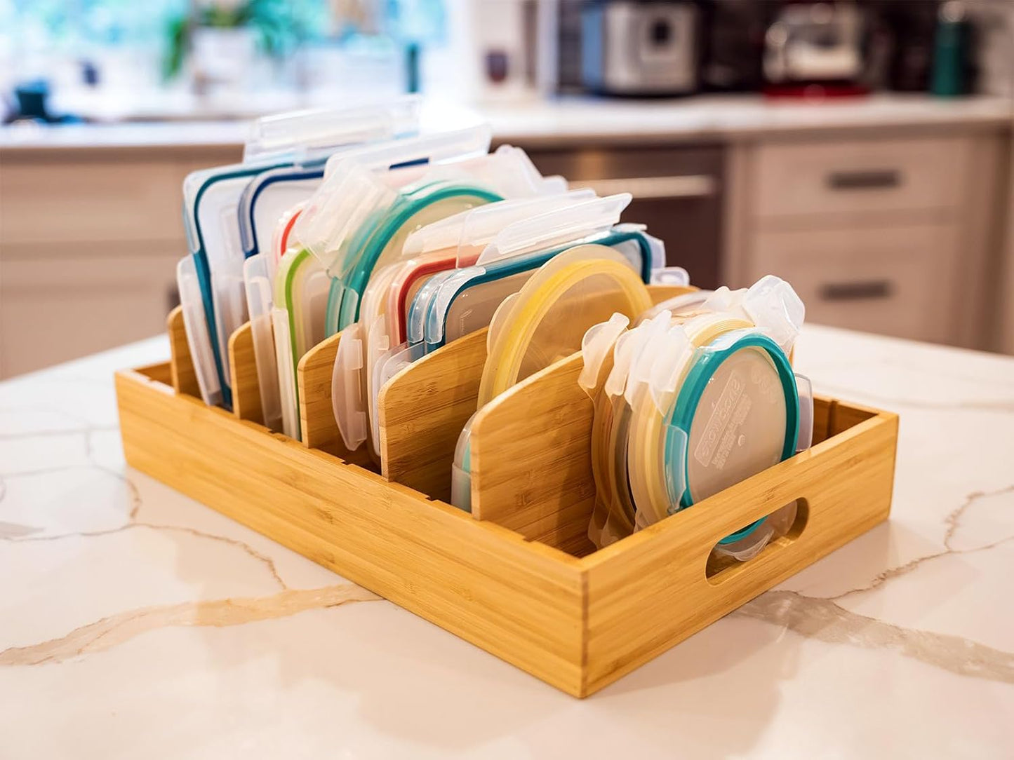 Extra Large Kitchen Cabinet & Drawer Organizer, Bamboo Lid Holder with 5 Tall Adjustable Dividers
