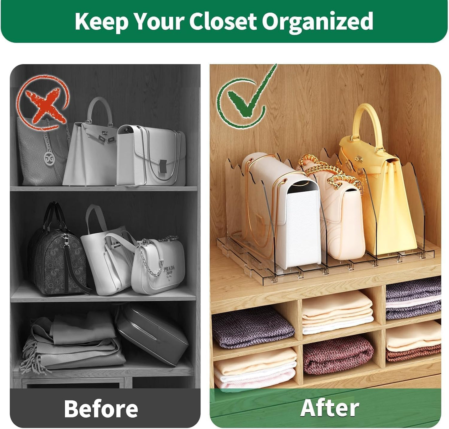Adjustable Shelf Divider for Closet, 2 Pack Clear Purse Organizers for Closet Acrylic Handbag Separators Storage Organizer Bookshelf Separator Dividers in Bedroom, Office