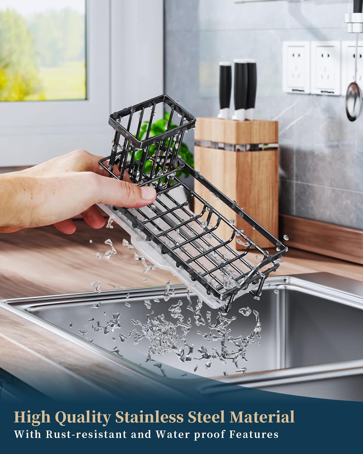 Sponge Holder for Kitchen Sink - Kitchen Sink Caddy Organizer with Removable Drip Tray for Countertop Dish Soap Dispenser Brush Storage Accessories 304 Stainless Steel - Black