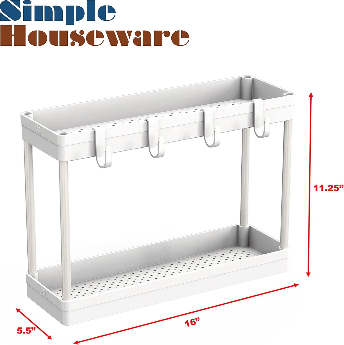 2-Tier Under Sink Organizer Storage Tray with Hooks, White