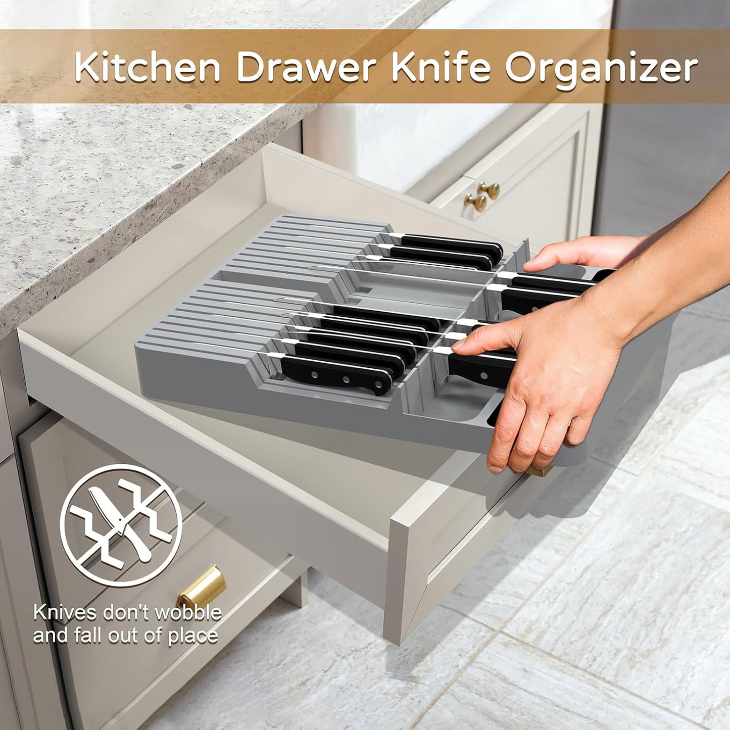 Knife Drawer Organizer, Large Capacity In-Drawer Knife Block Set Holds 20 Knives and 1 Sharpening Steel (Not Included), Suitable for Knife Organizer for Kitchen Drawer
