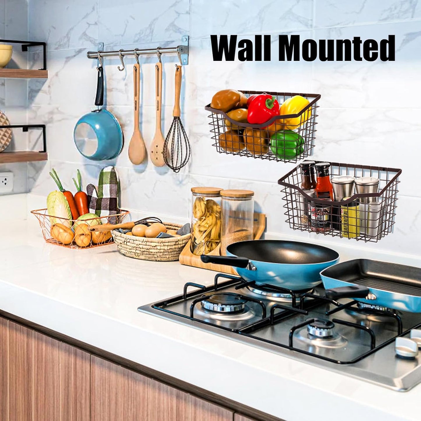 2 Pack Cabinet & Wall Mount Basket, Large Metal Wire Basket Wall Mount Hanging Basket Over Cabinet Door Organizer Bin Grid Storage Baskets for Home Kitchen Bathroom Pantry, Bronze