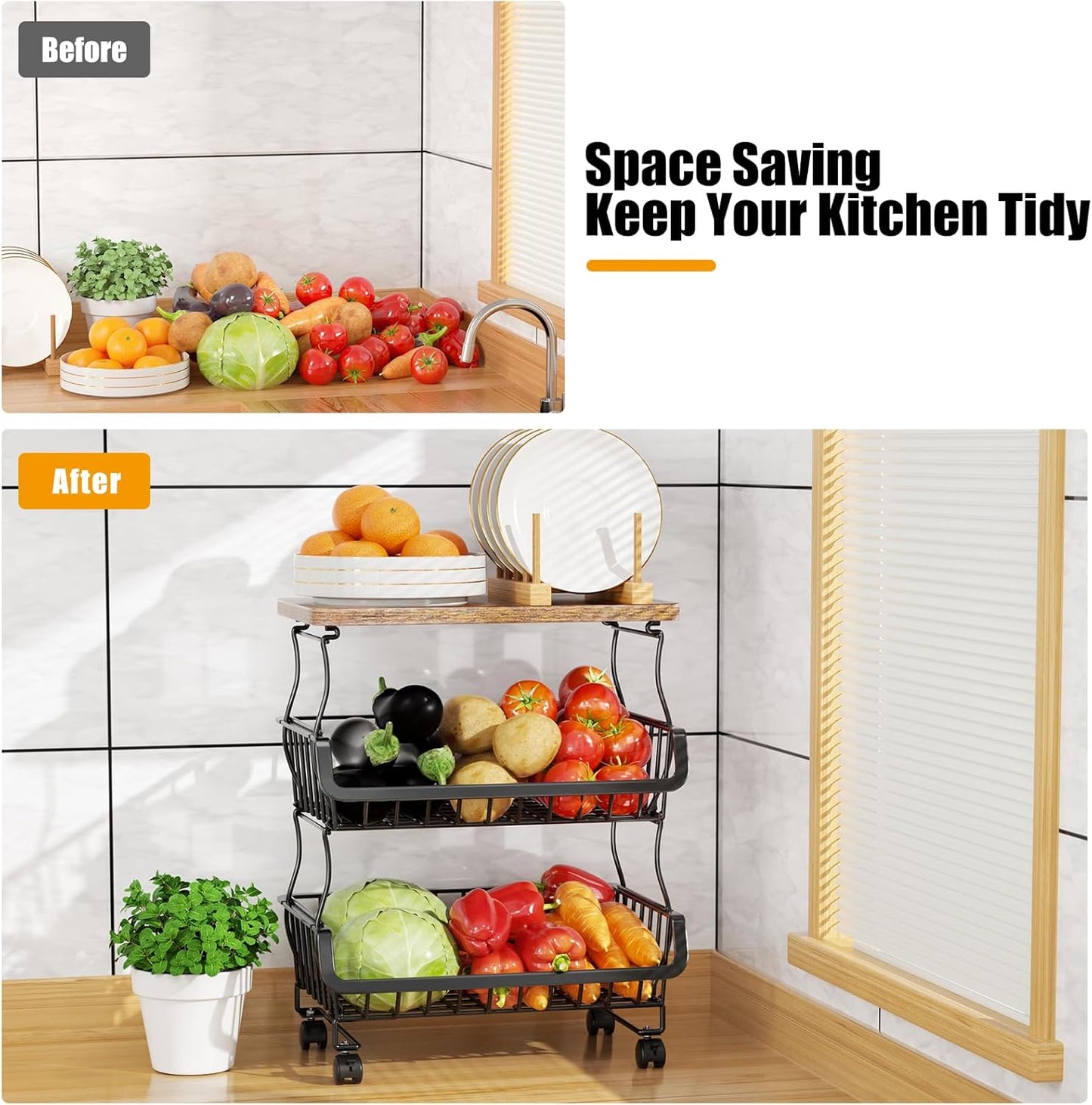 Fruit Vegetable Basket for Kitchen, 5 Tier Stackable Fruit Vegetable Storage Baskets with Wheels