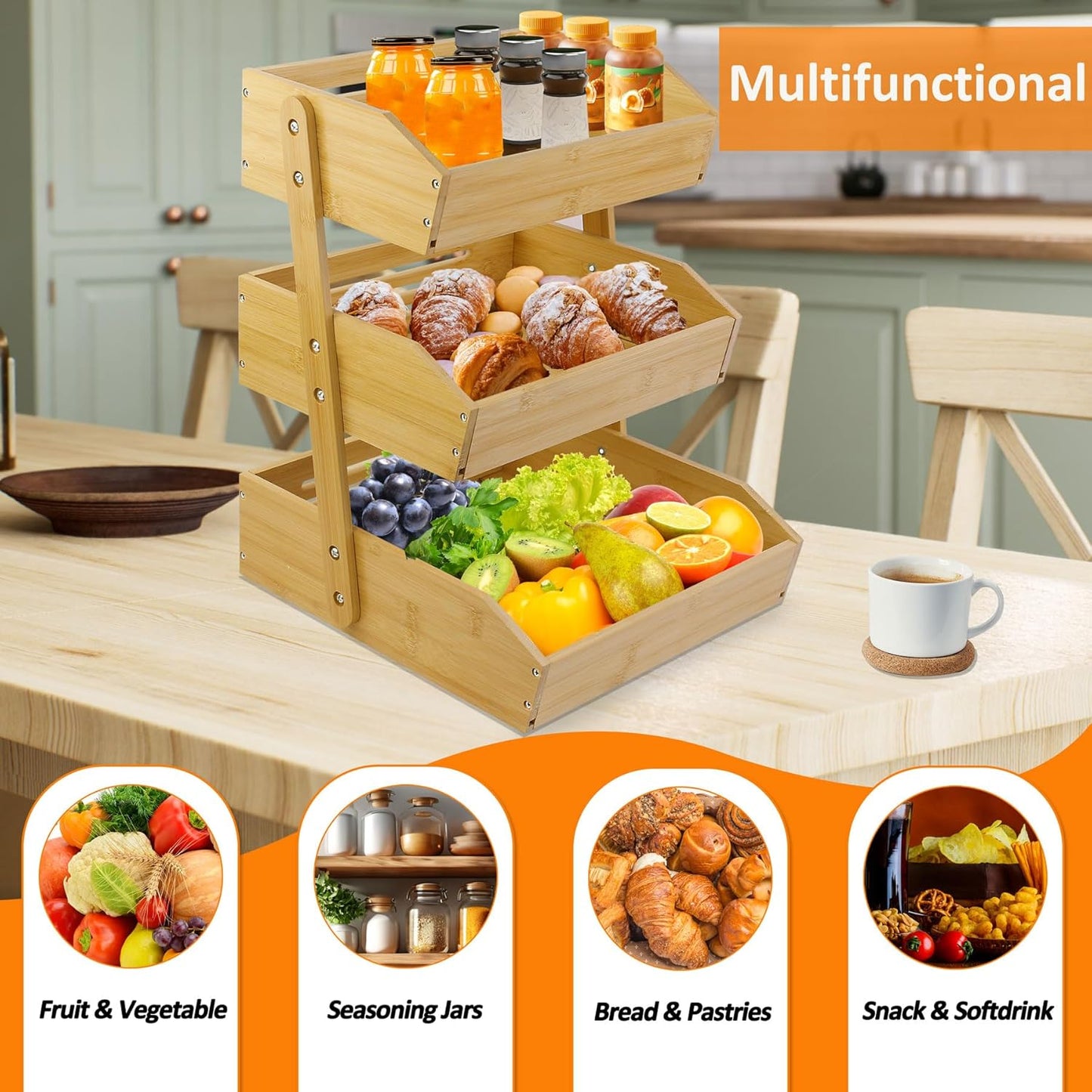 Fruit Basket for Kitchen Counter, 3 Tier Fruit Stand, Fruit Vegetable Storage Basket