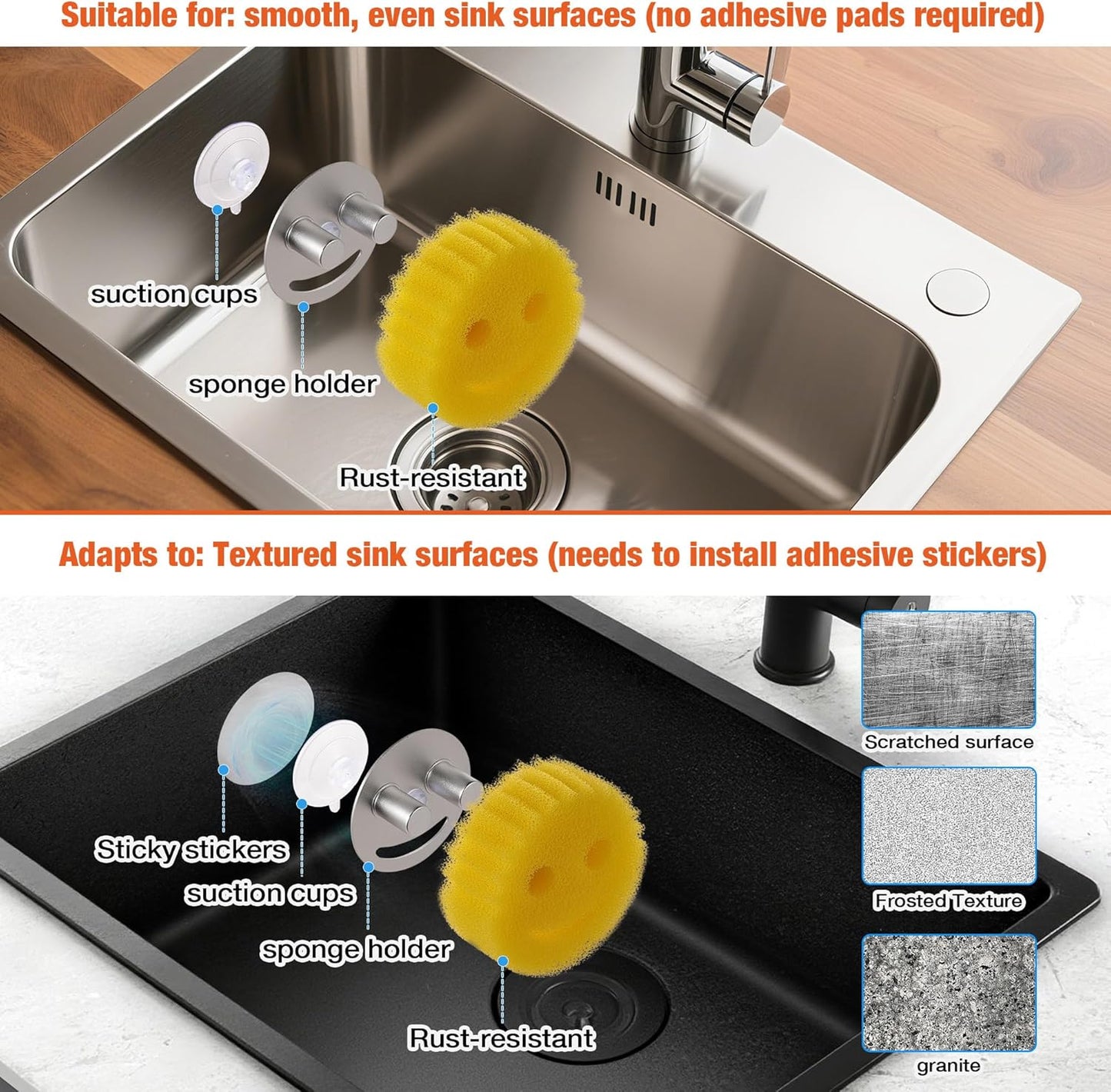 Smiley face sponge holder, kitchen Sink Caddy Organizer with Suction cup,Made of rust-proof aluminum that never rusts for Mommy & Daddy Sponges silvery (1-Pack)