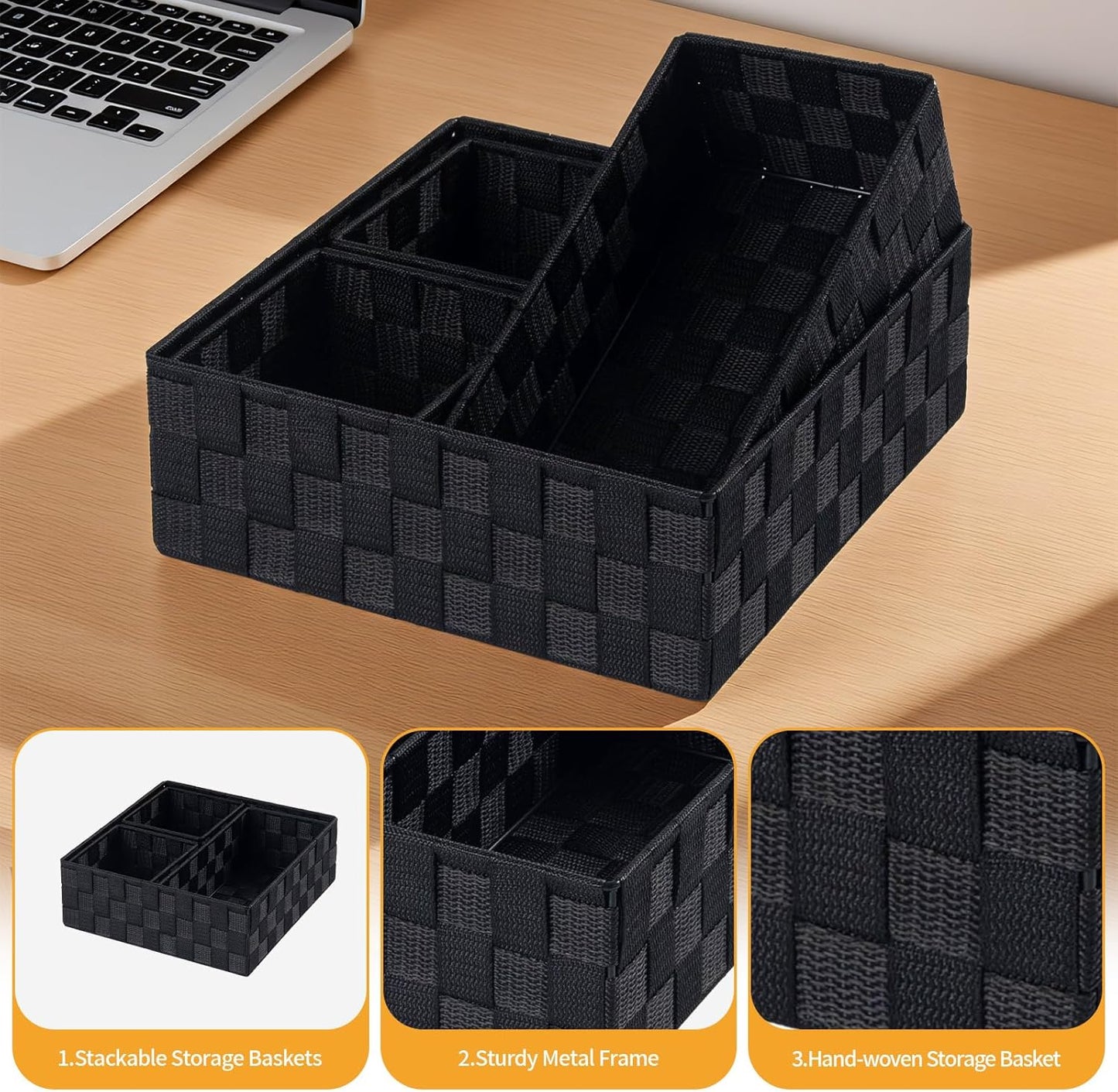 Small Black Baskets Cube Bin Container Tote,Woven Storage Baskets for Organizing Organizer Divider for Drawer, Closet, Shelf, Dresser