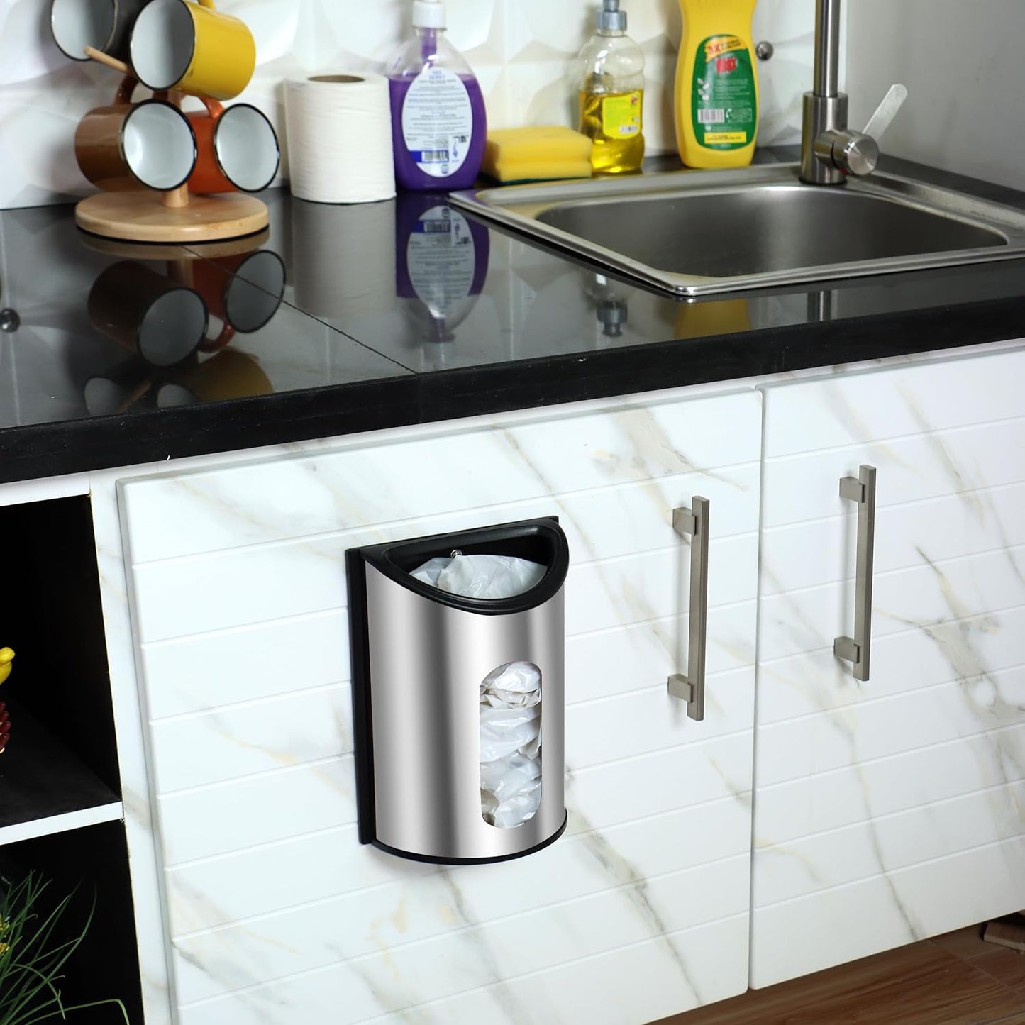 Grocery Plastic Bag Holder and Dispenser Small, Easy Wall Mount Bag Saver, Stainless Steel, Silver