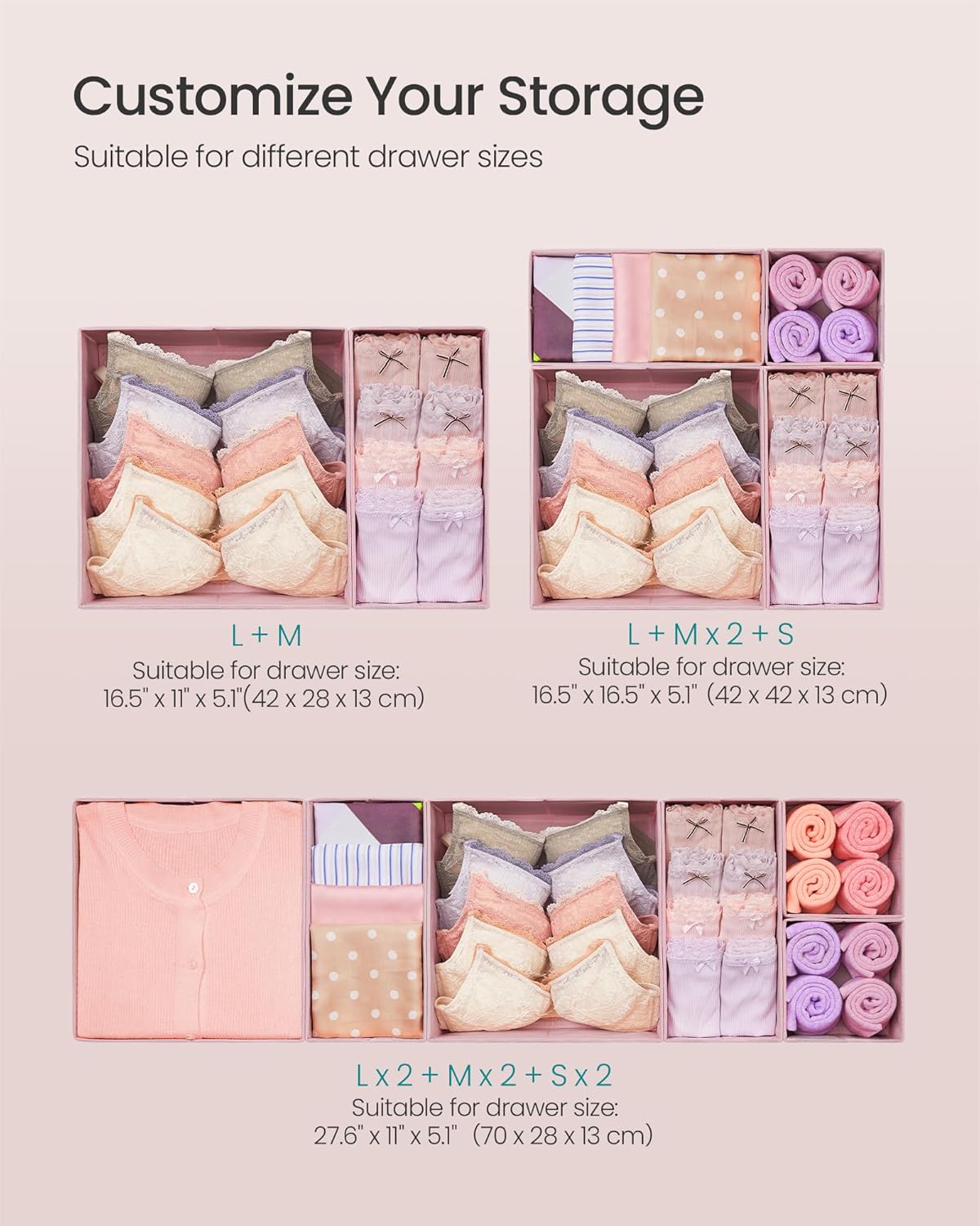 Drawer Organizers, Dresser Divider Organizers, Set of 12, Foldable Fabric Storage Boxes for Socks