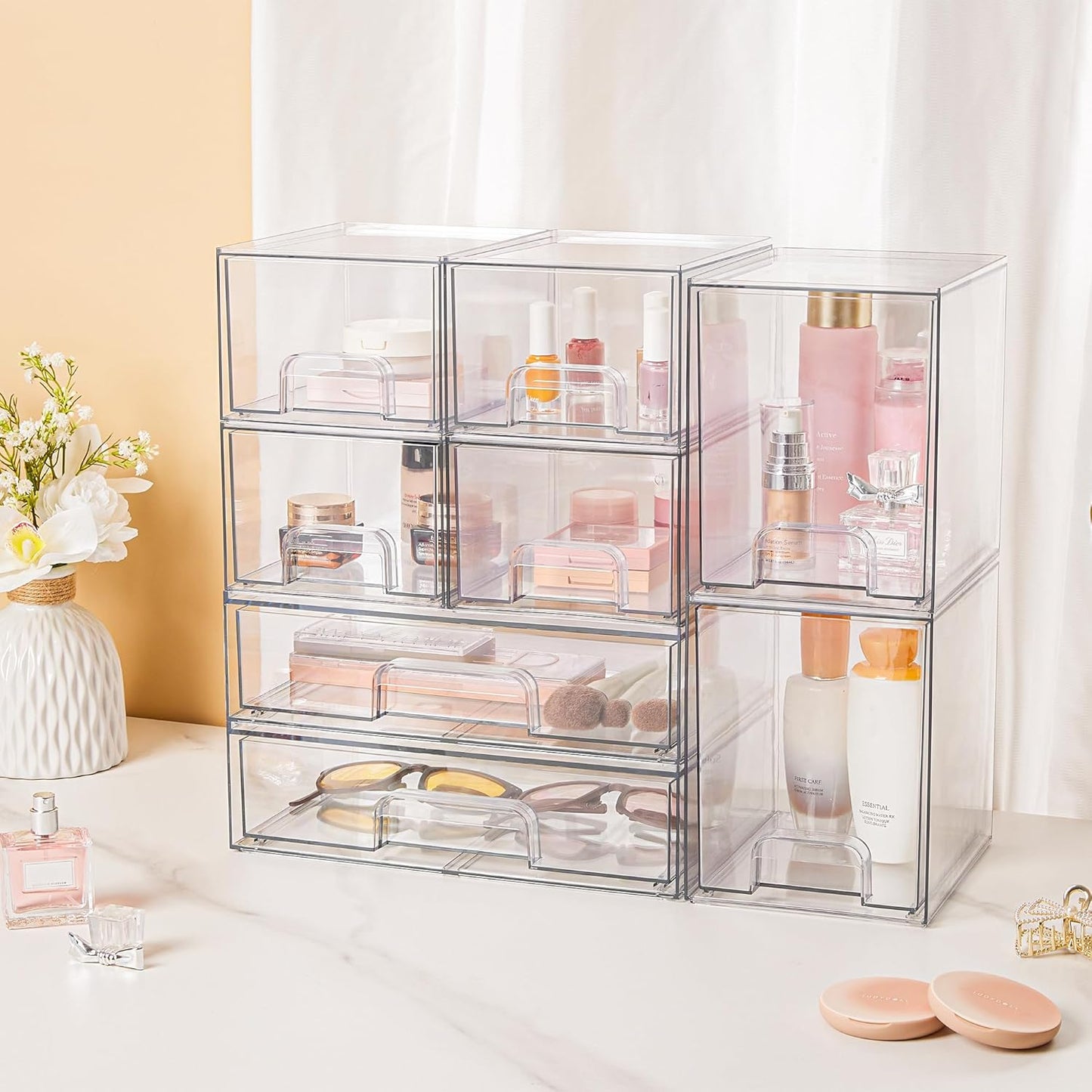 Stackable Storage Drawers Set of 6, Clear Plastic Organizer Bins for Bathroom Supplies