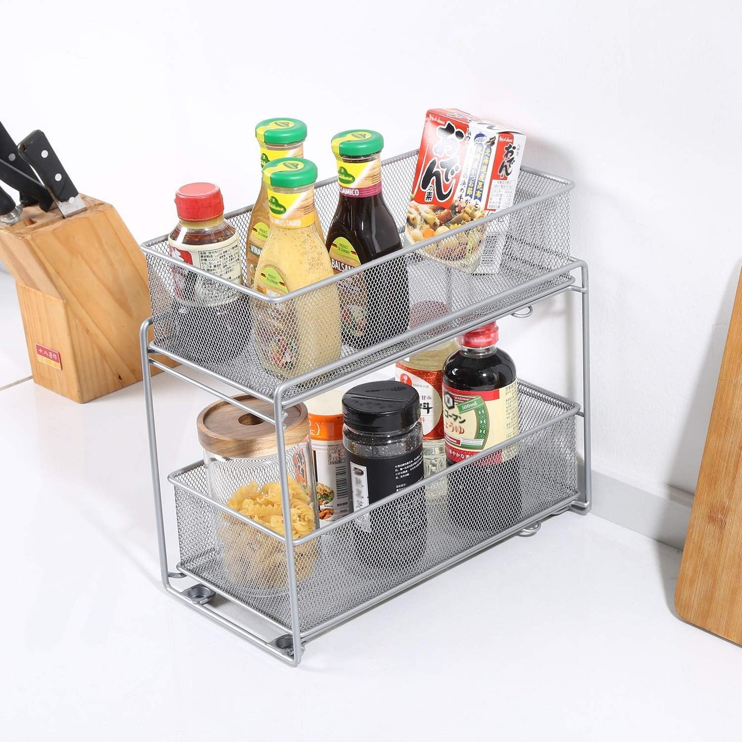 2 Tier Sliding Basket Stackable Cabinet Pull-Out Drawer Mesh Organizer for Kitchen Under Sink Storage (Silver)