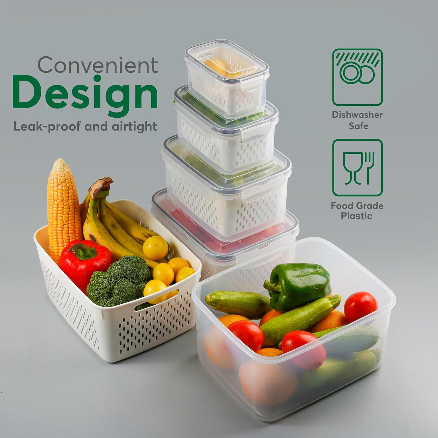 5 Set Fruit Storage Containers for Fridge with Colanders Dishwasher Safe