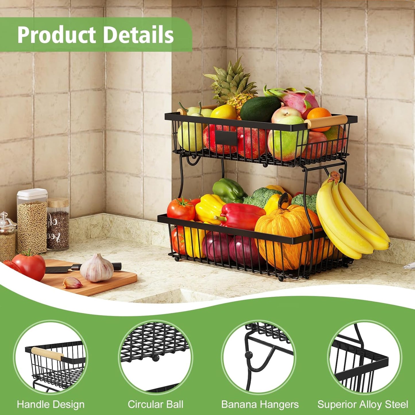 2 Tier Fruit Basket for Kitchen Counter with 2 Banana Hangers