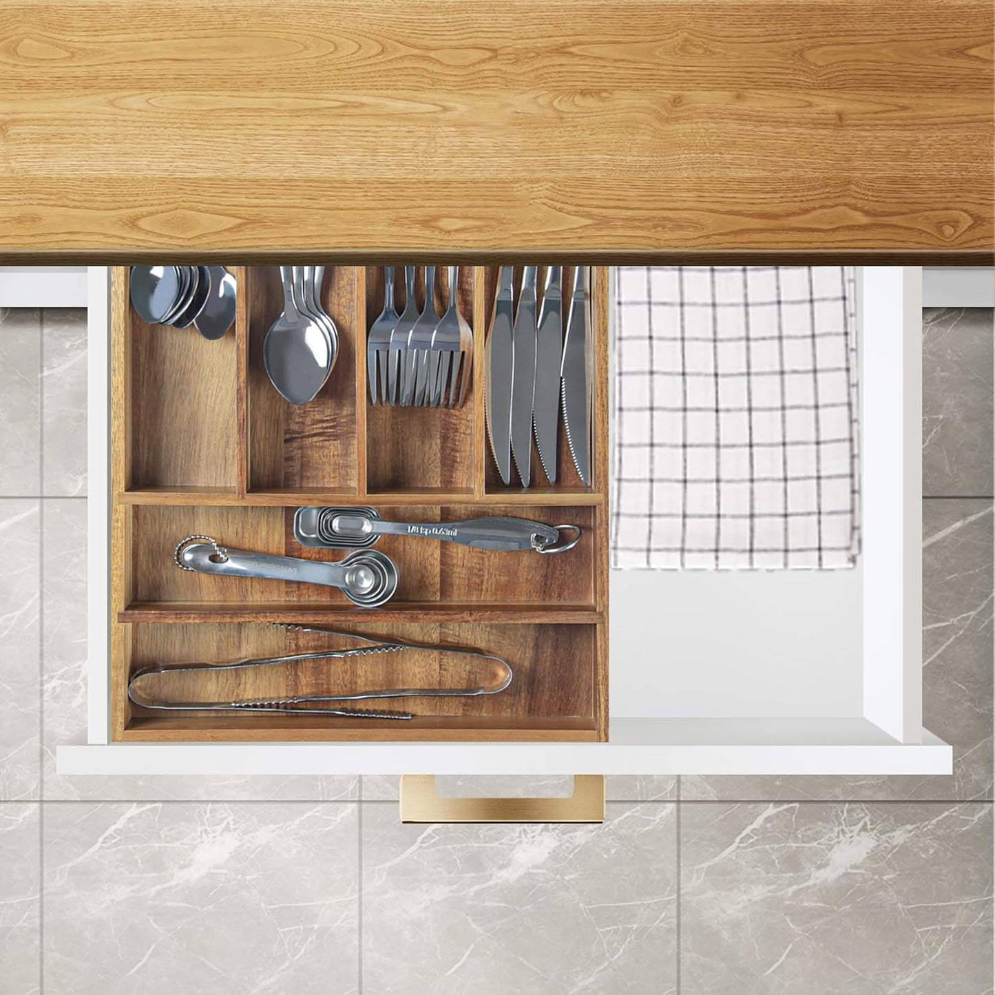 Acacia Wood Silverware Organizer, Kitchen Utensil Drawer Organizer for Forks, Knives & Spoons