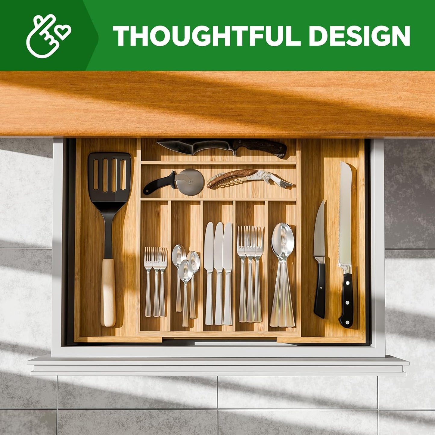 Bamboo Kitchen Drawer Organizer, Expandable Silverware Organizer