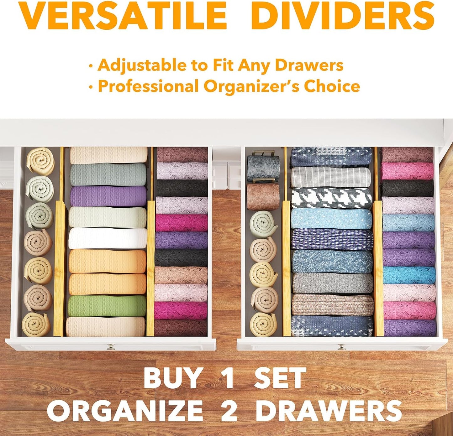 Bamboo 4 Pack Dresser Drawer Dividers, 4.65“ High Adjustable 12.5“-17” Drawer Organizers