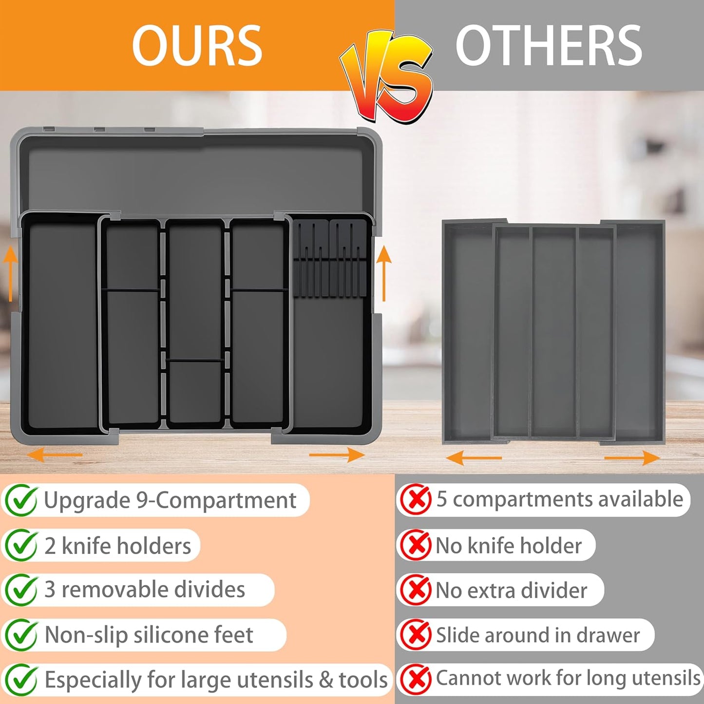 Large Utensil Drawer Organizer for Kitchen, Expandable Silverware Organizer Utensil Holder