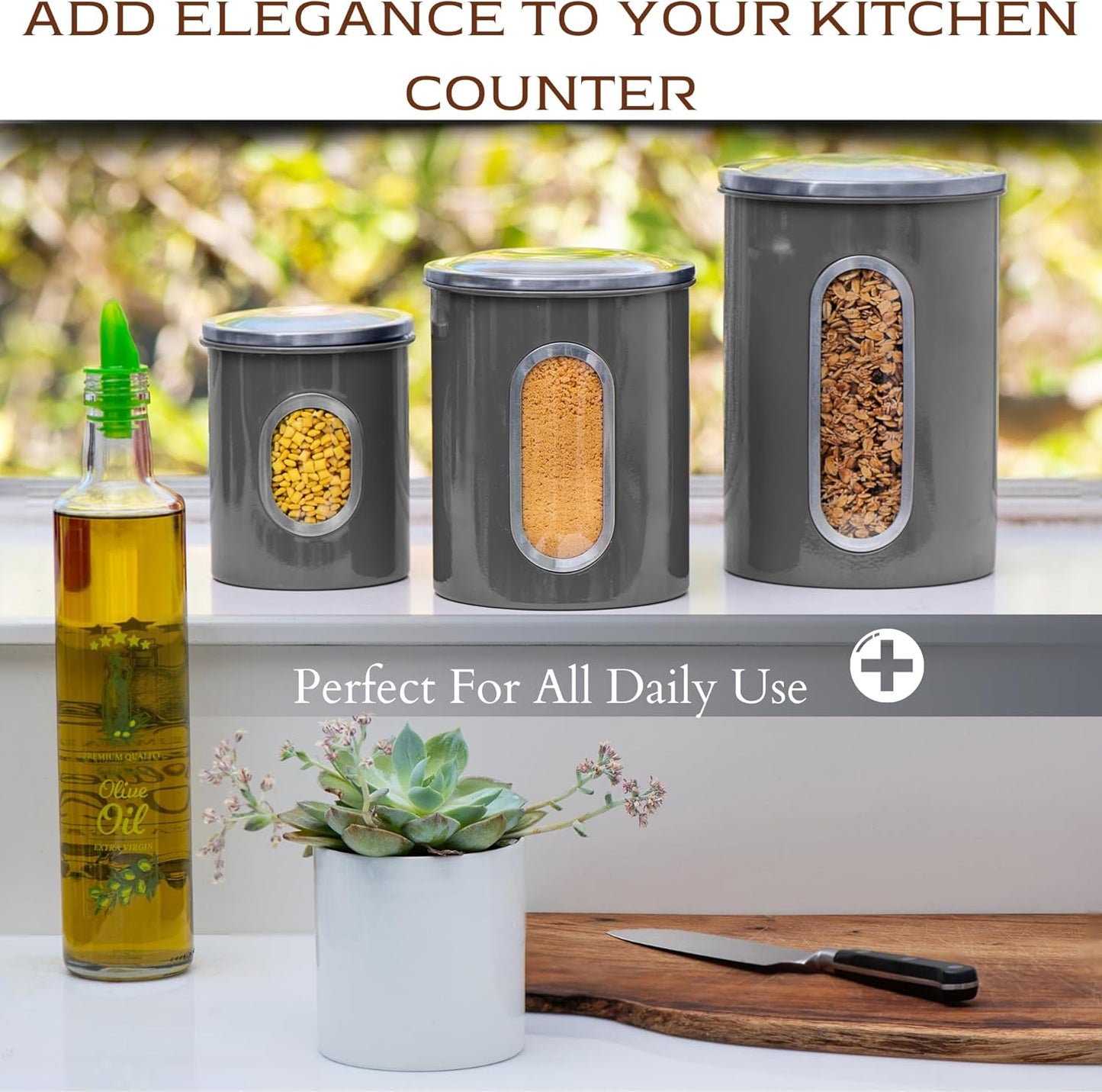 3-Piece Gray Canisters Sets For The Kitchen, Airtight Canister Set With See Through Window