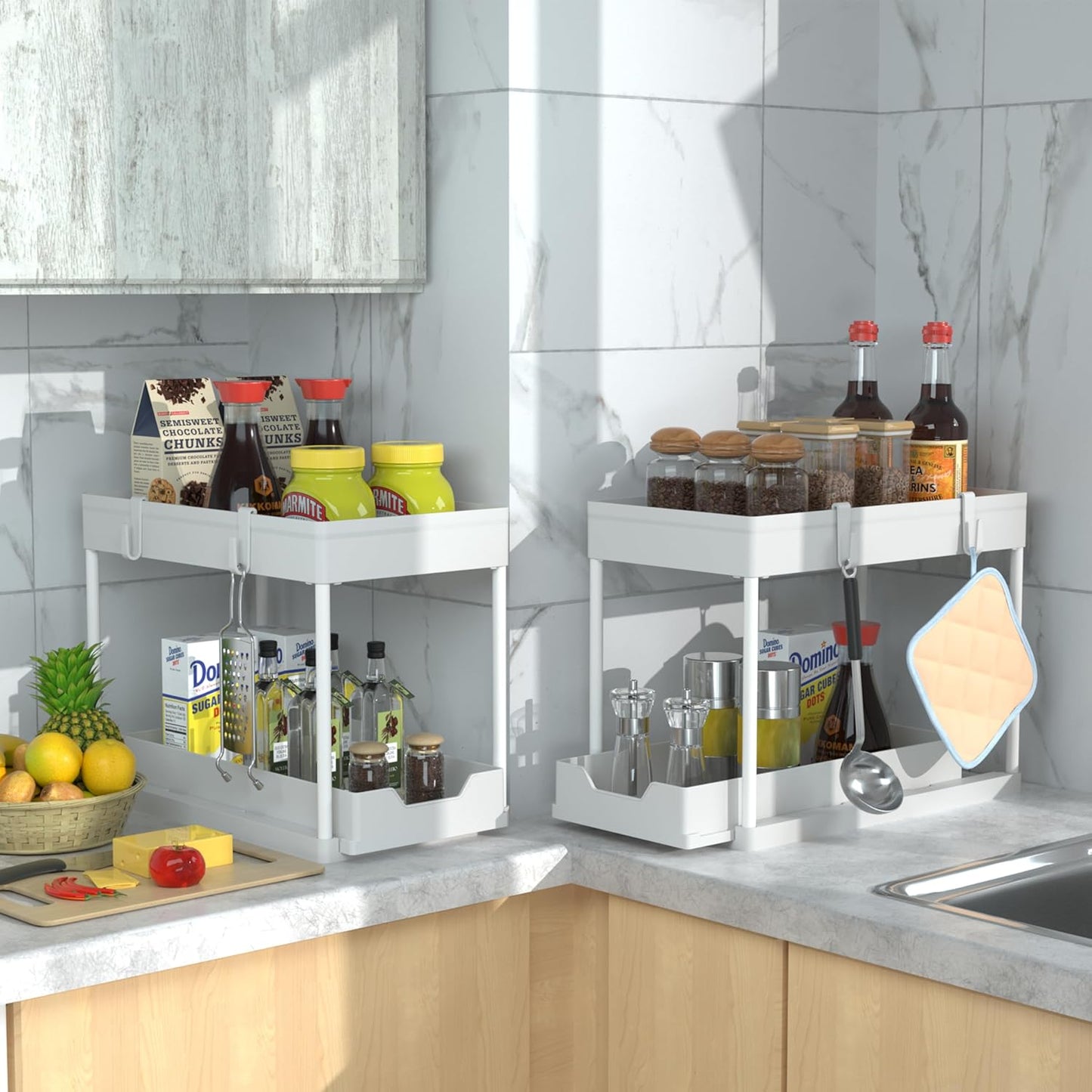 Cabinet, 2 Pack Under Sink Organizer, 2 Tier Sliding Bathroom Kitchen Organizer
