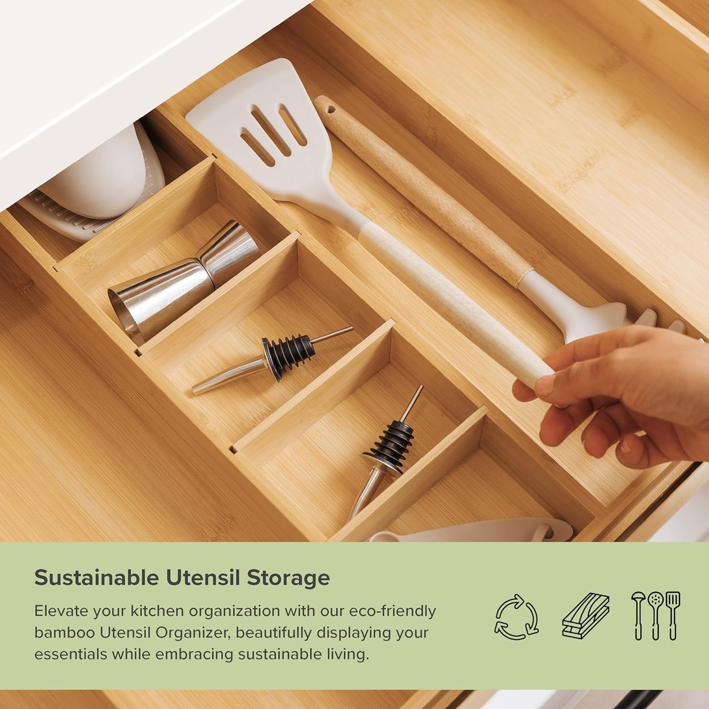 Adjustable Bamboo Kitchen Drawer Organizer for Utensils and Junk, Expandable to 28 inches Wide