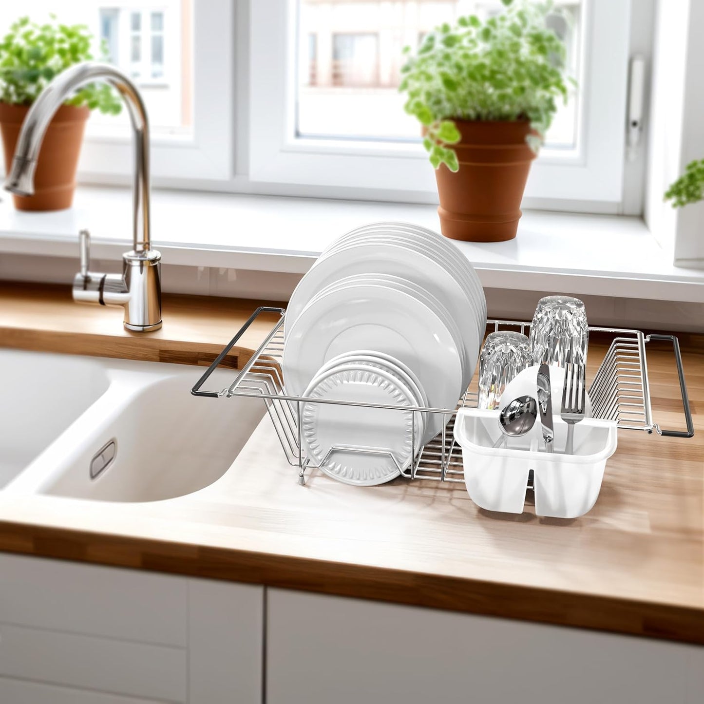 Large Over Sink Counter Top Stainless Steel Dish Drainer Drying Rack with Utensil Holder, Chrome