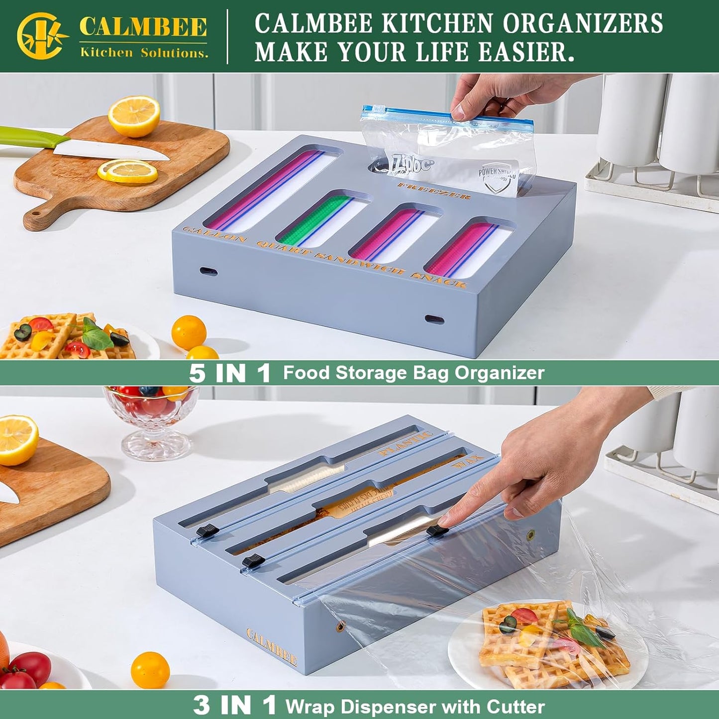 9 in 1 Bamboo Storage Bag Organizer for Kitchen Drawer – Plastic Wrap Dispenser with Cutter & Foil Organizer, Wooden Baggie Organizer for Sandwich, Snack, Gallon, Quart Sizes, Grey