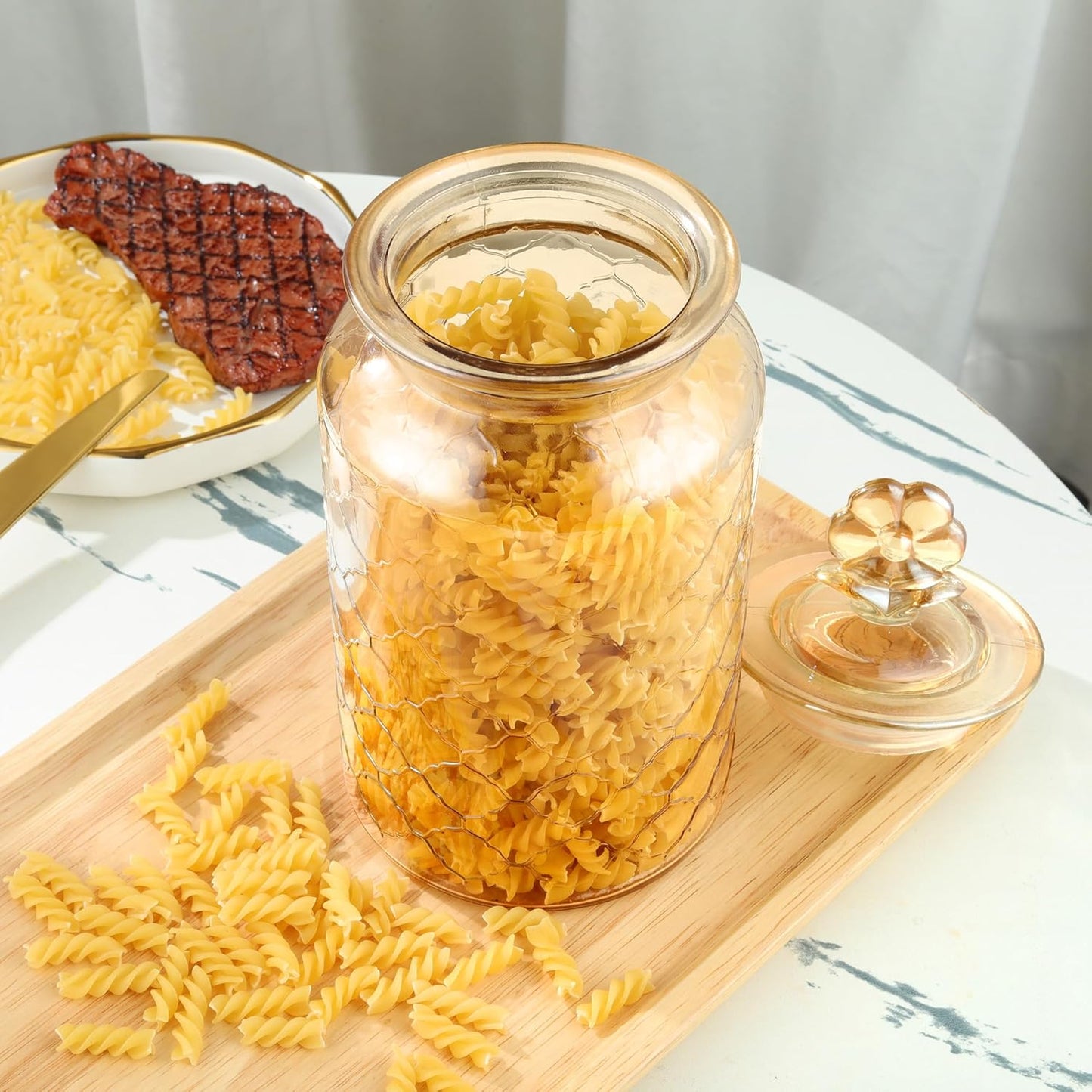 45 oz Amber Glass Storage Jar with Airtight Glass Lids, Vintage Embossed Food Container