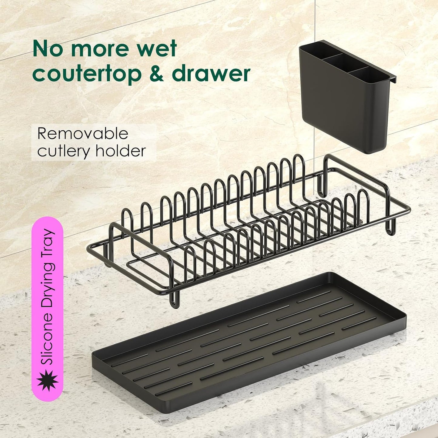Small Dish Drying Rack, Compact Dish Rack with Silicone Tray and Caddy