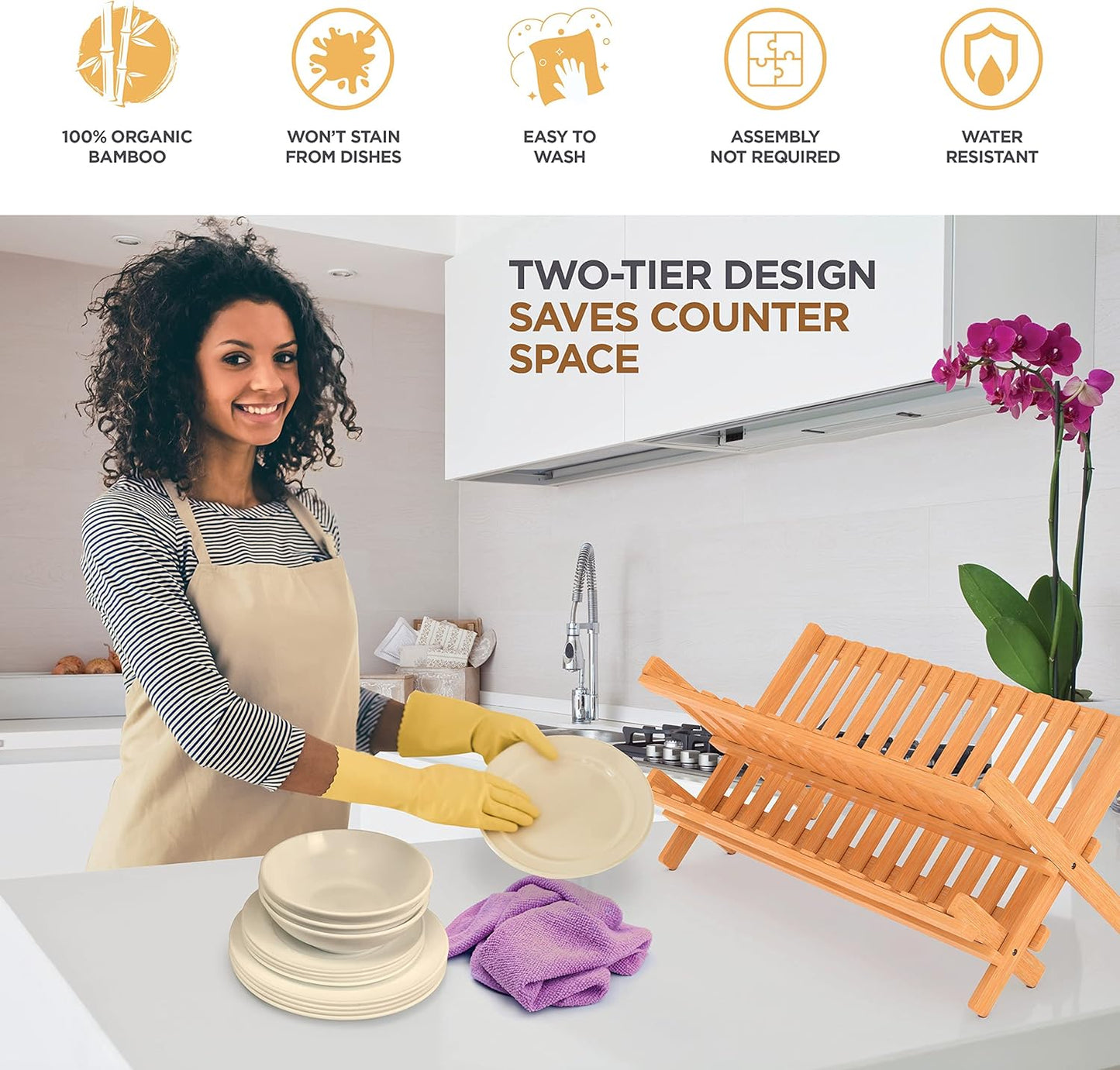 Dish Drying Rack - Collapsible Bamboo 2 Tier Foldable Wooden Dish Drainer for Countertop
