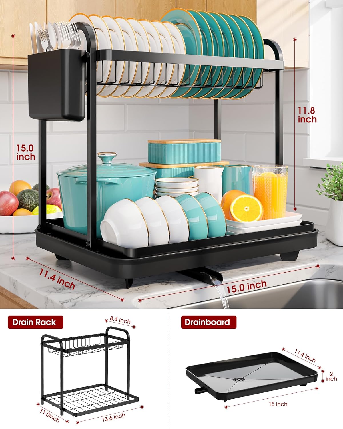 2-Tier Dish Drying Rack - Stainless Steel Dish Rack with Cutlery & Utensil Holders for Kitchen Counter, Sink Organization and Storage for Small Family, 15" W x 11.4" L x 15" H, Black