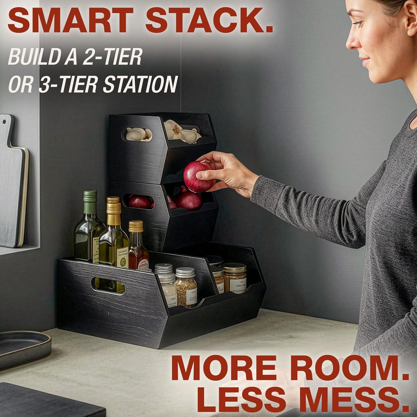 Stackable Solid Wood Storage Bins for Pantry & Countertop