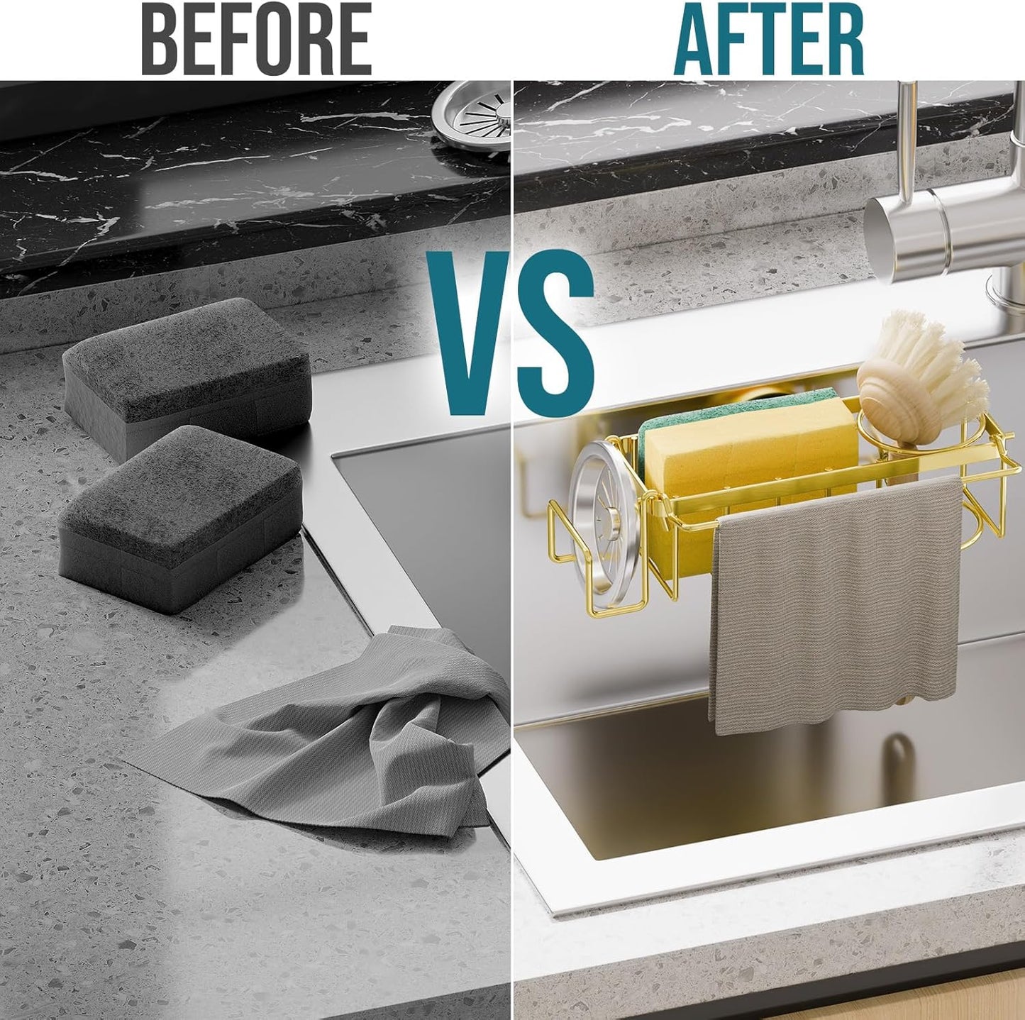 Sponge Holder with Strong Suction Cup, 4-in-1 Rustproof Sink Organizer - Sink Caddy Holds Sponges
