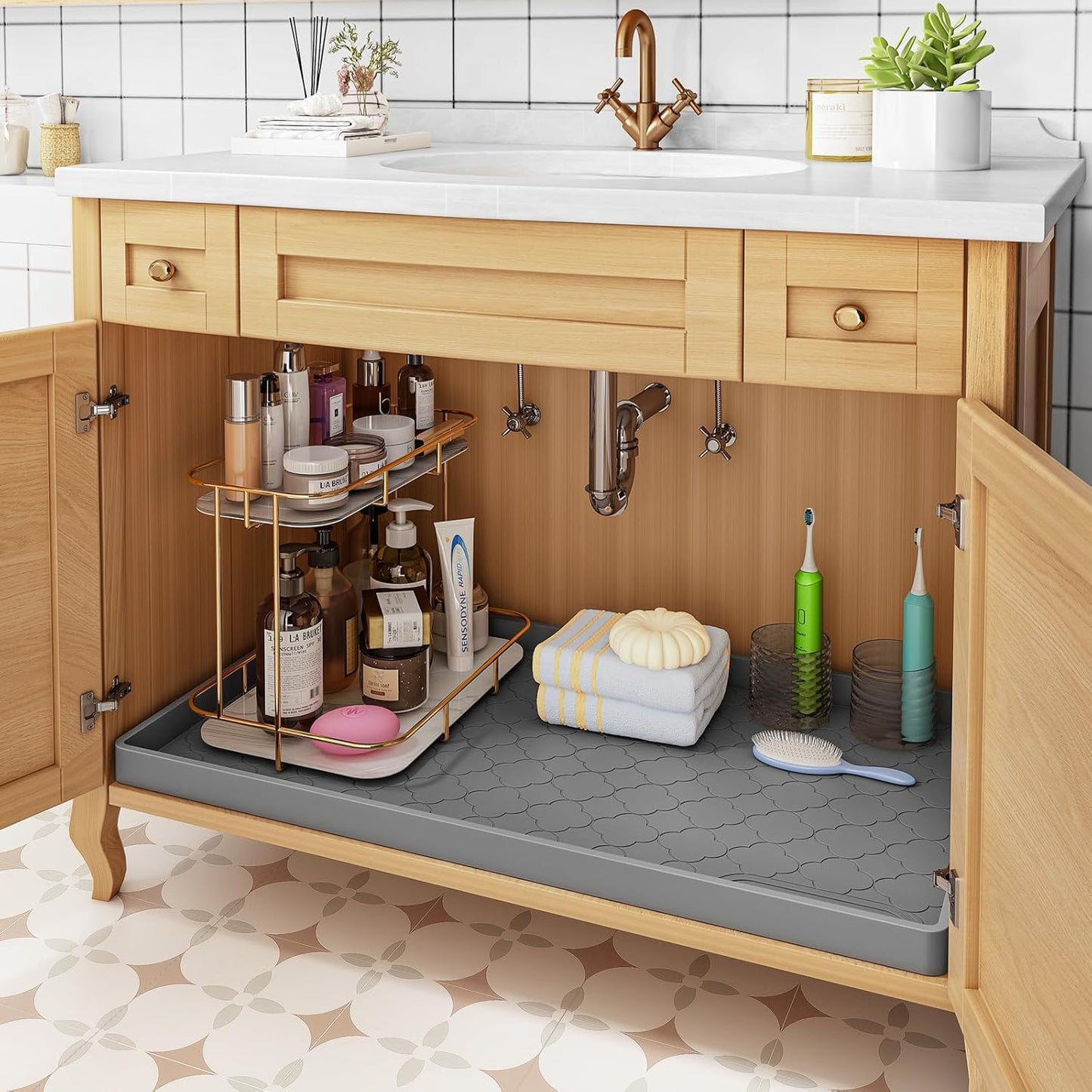 Waterproof Under Sink Mat 34" x 22", Thick Silicone Mat Cabinet Protector for Kitchen and Bathroom