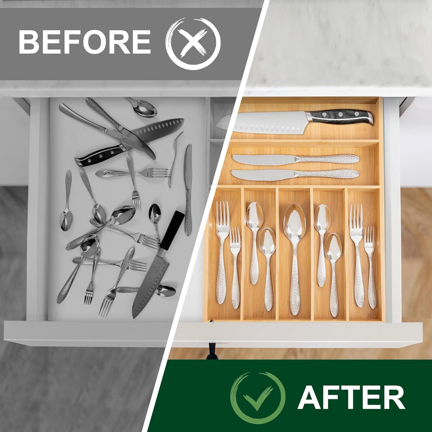 Natural Utensil Organizer 12.5 Inch Silverware Organizer for Drawer Utensil Holder Cutlery Organizer Kitchen Drawer Organizer 7 Compartment Small Narrow Bamboo