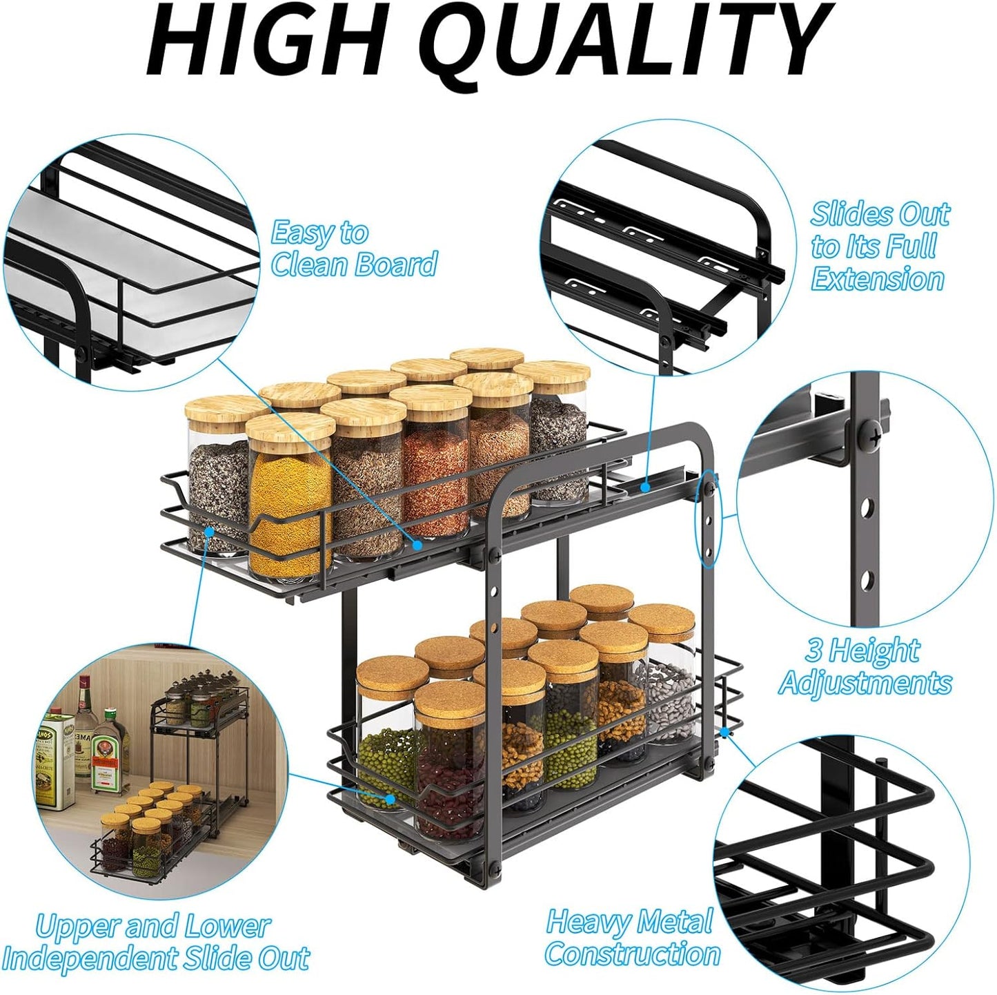 Spice Rack Organizer for Cabinet, 2 Tier Pull Out Spice Organizer for Cabinet Height Adjustable Heavy Duty Metal Basket for Inside Cabinets & Pantry Closet (5.5''Wx10.5''Dx9.5''H)