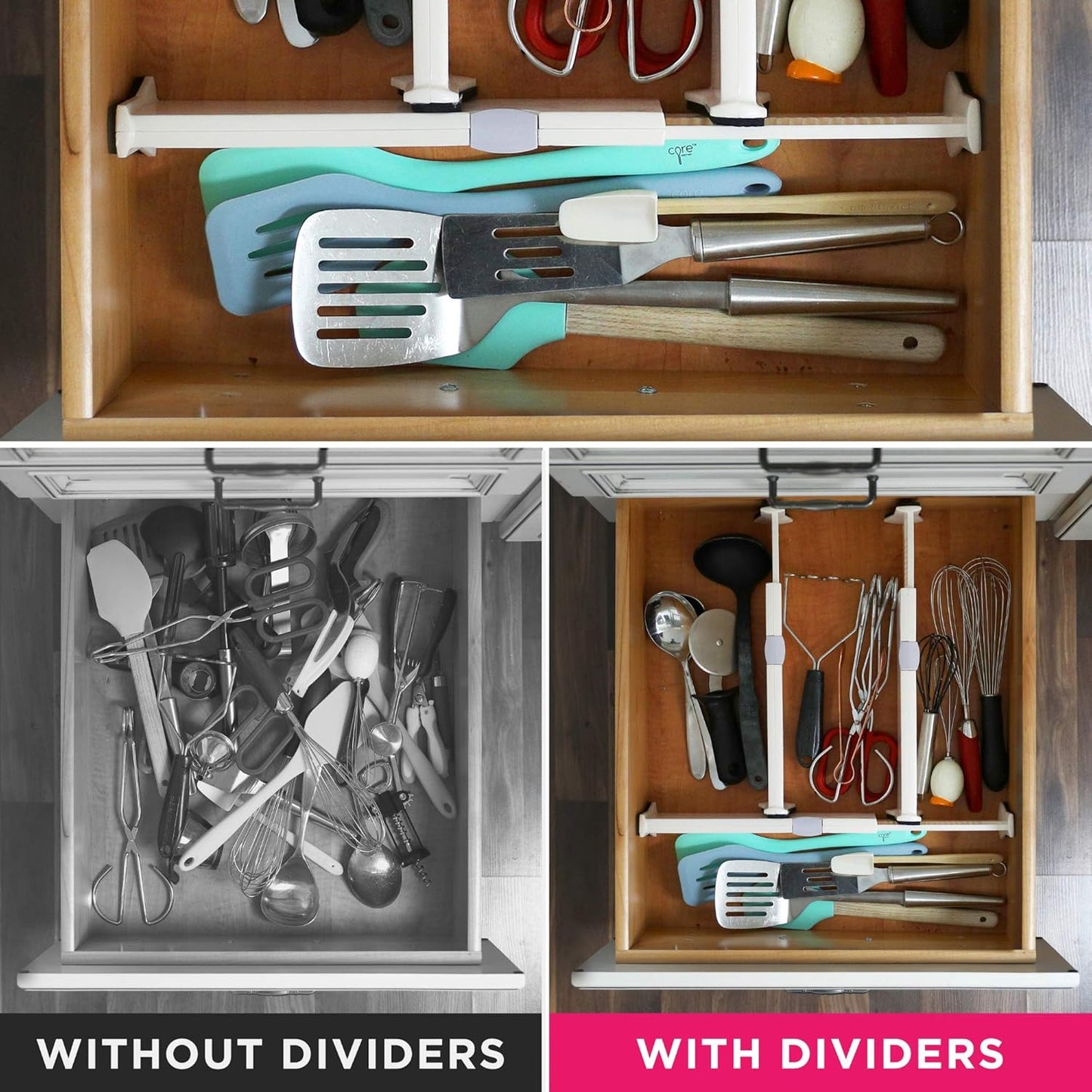 4 Adjustable Drawer Dividers, Organize Silverware and Utensils in Home Kitchen