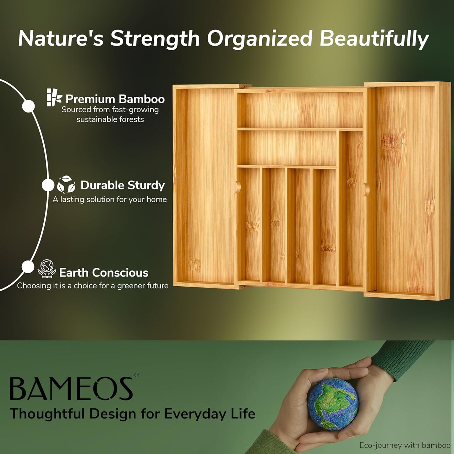 Drawer organizer flatware organizer cutlery tray silverware organizer expandable adjustable bamboo drawer organizer kitchen bathroom