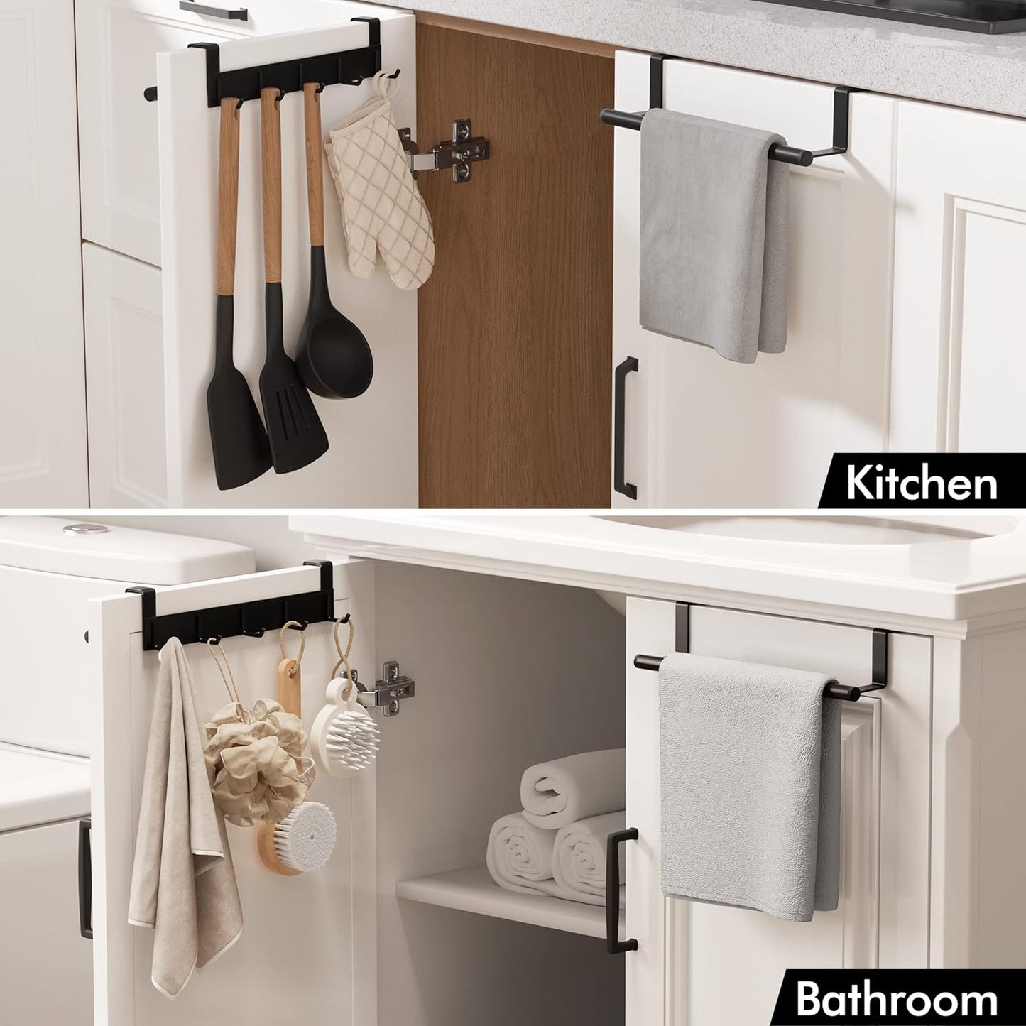 Over The Cabinet Door Towel Bar with Hooks, Kitchen Towel Holder with Hooks for Hanging Utensils