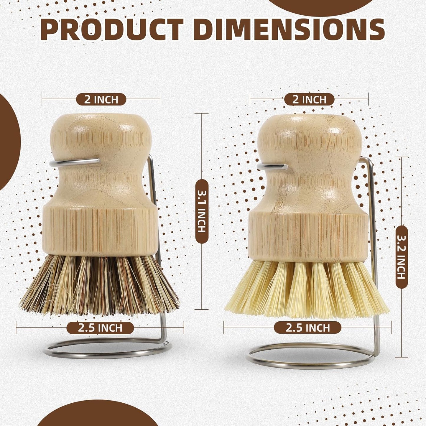 6-Piece Bamboo Dish Brush Set with Fast-Dry Stainless Steel Holder,3xNatural Sisal Bristle Brush & 1xPalm Bristle Kitchen Cleaning Brushes for Dishes, Pots, Pans & Sink