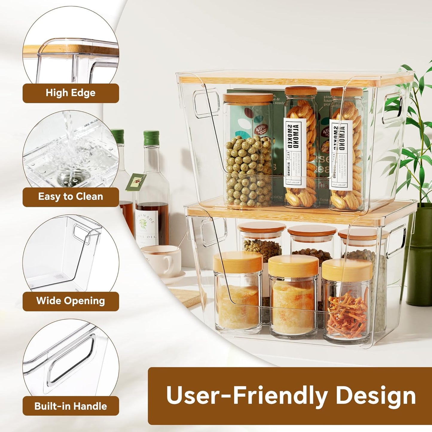 2 Set Pantry Organizers and Storage with Bamboo Lids, Stackable Clear Bins for Onion, Potato